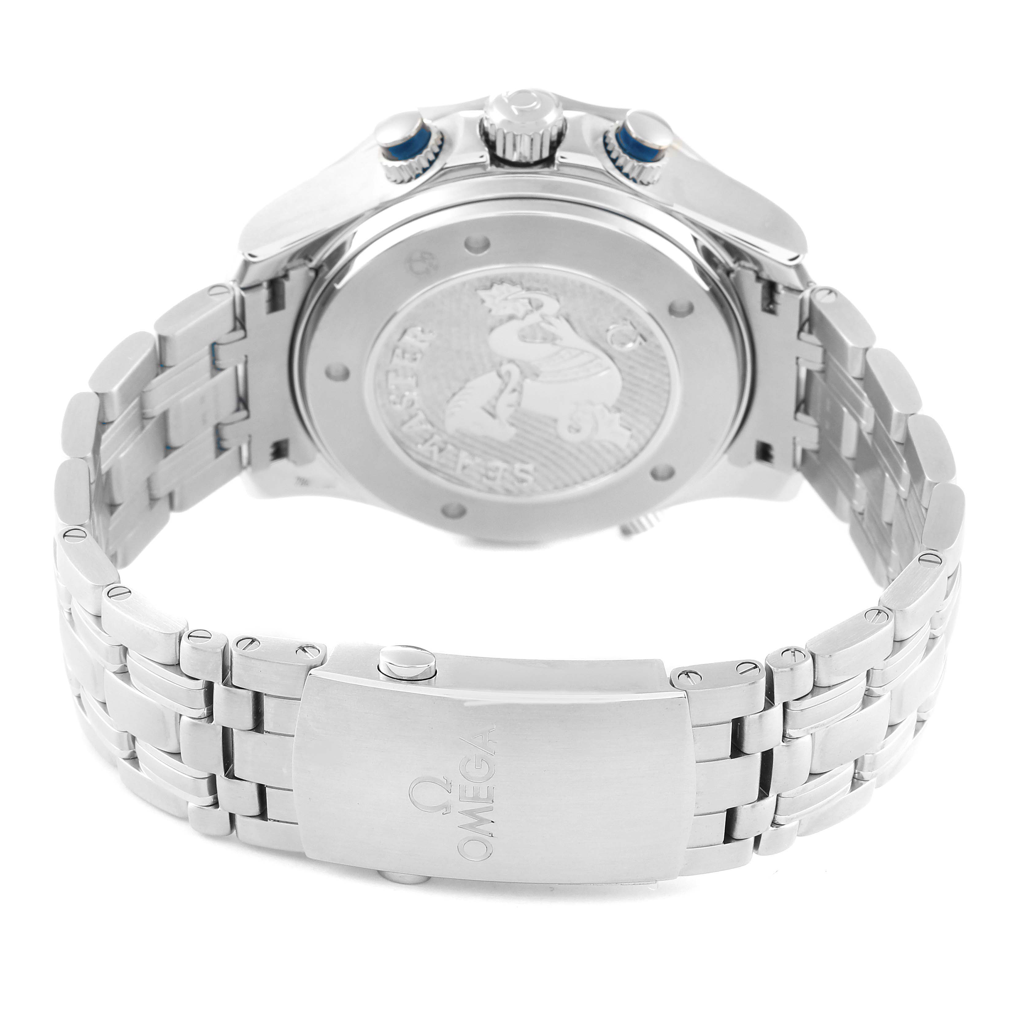 The image shows the back view of an Omega Seamaster 212.30.44.52.03.001 Men
s Stainless Steel Blue Dial 212.30.44.52.03.001 Men
s Stainless Steel Blue Dial watch, highlighting the case back and stainless steel bracelet with the Omega logo on the clasp.