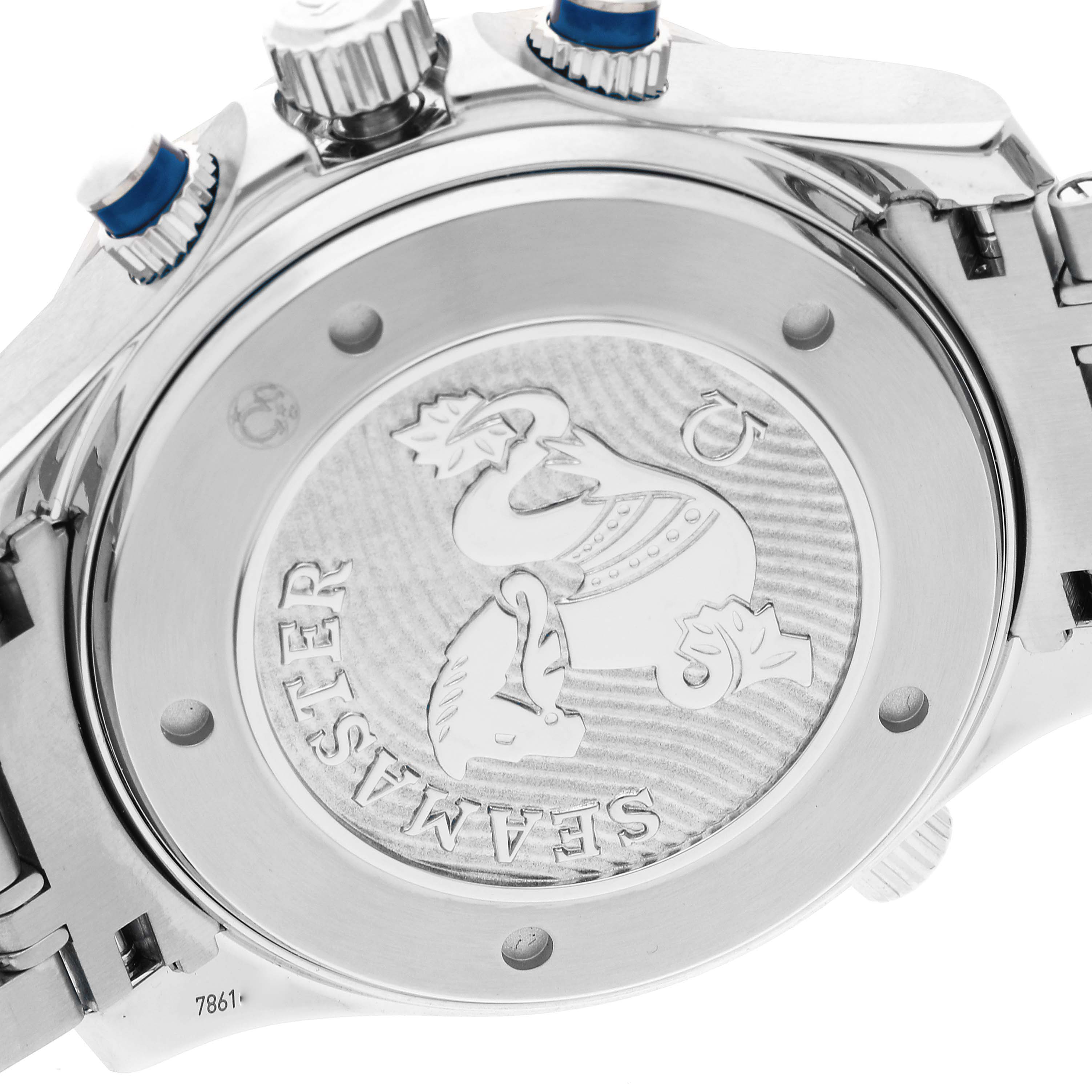 The image shows the case back of an Omega Seamaster 212.30.44.52.03.001 Men
s Stainless Steel Blue Dial 212.30.44.52.03.001 Men
s Stainless Steel Blue Dial watch, including the engraved logo and part of the bracelet.