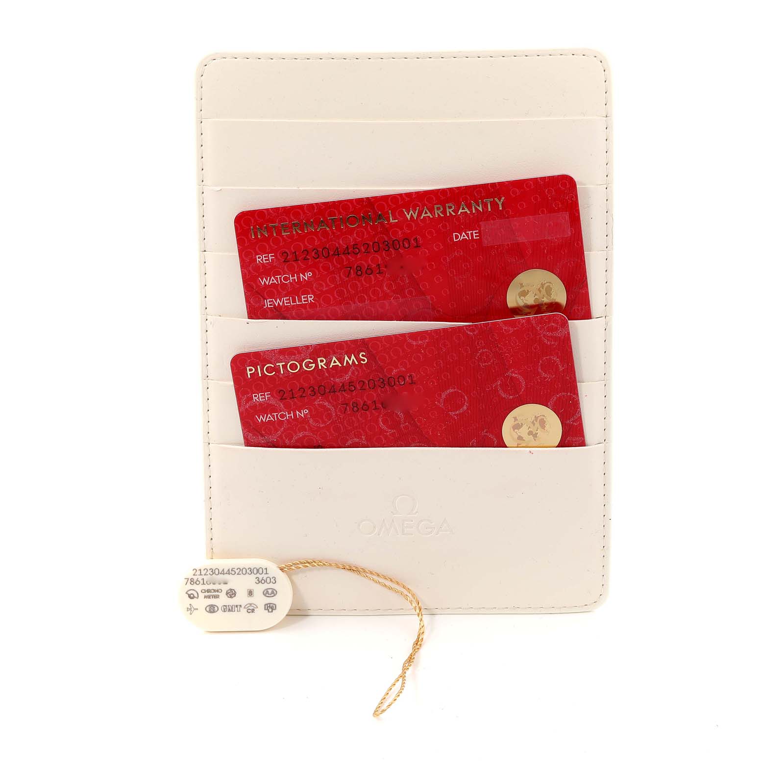 The image shows International Warranty and Pictograms cards with an identification tag for an Omega Seamaster 212.30.44.52.03.001 Men
s Stainless Steel Blue Dial 212.30.44.52.03.001 Men
s Stainless Steel Blue Dial watch.