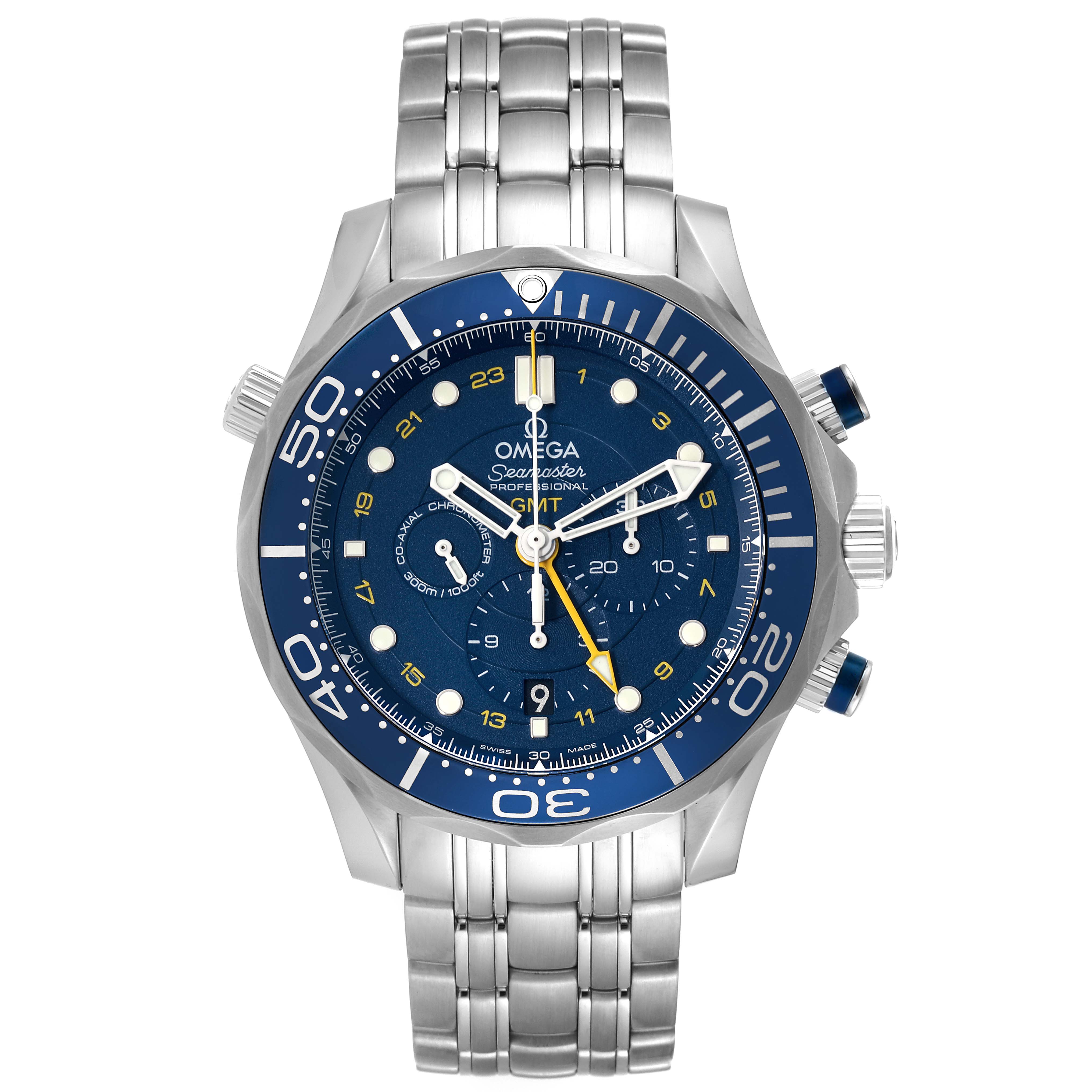 The image shows a front view of an Omega Seamaster 212.30.44.52.03.001 Men
s Stainless Steel Blue Dial 212.30.44.52.03.001 Men
s Stainless Steel Blue Dial watch, featuring its blue dial, bezel, and metal bracelet.