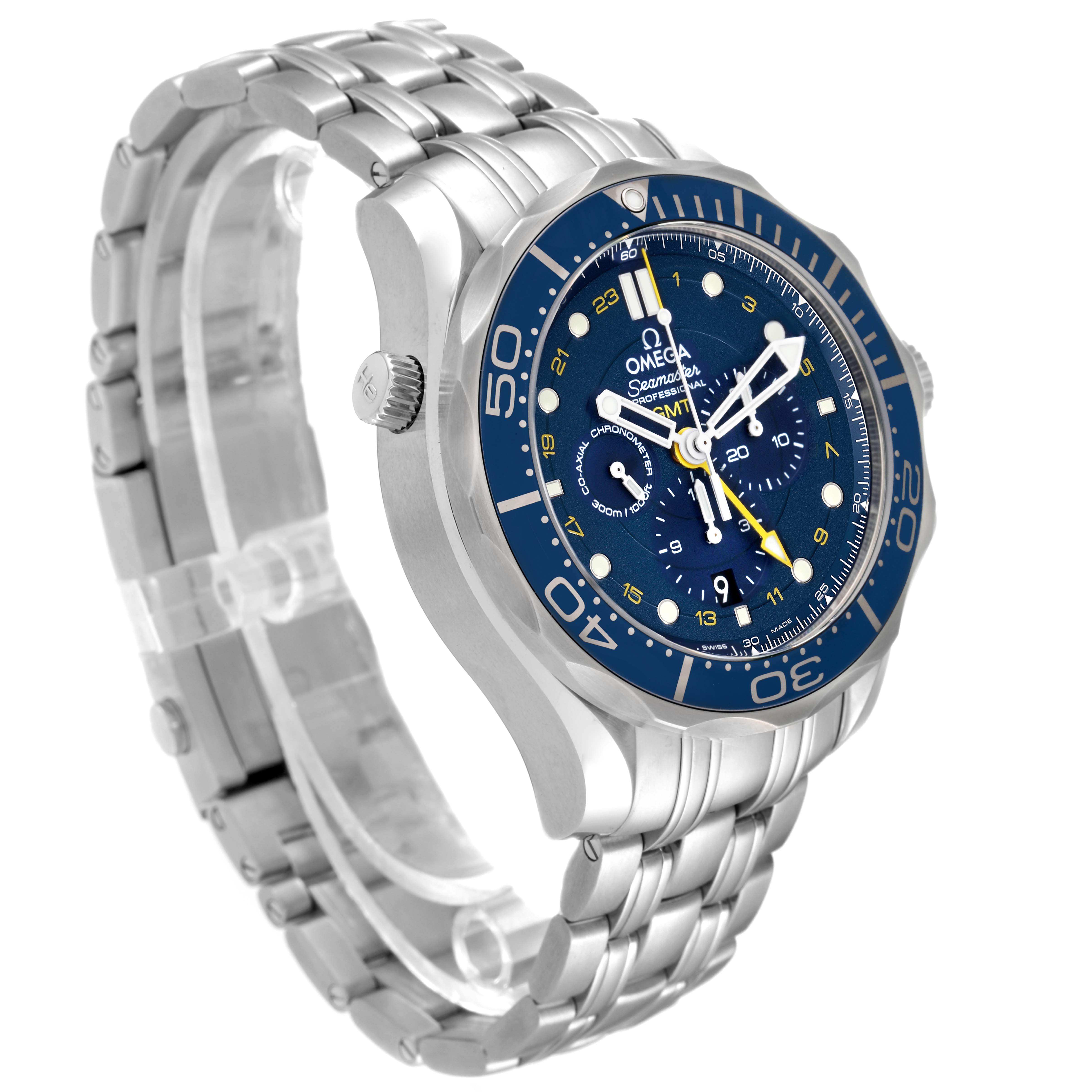 The image shows an angled side view of an Omega Seamaster 212.30.44.52.03.001 Men
s Stainless Steel Blue Dial 212.30.44.52.03.001 Men
s Stainless Steel Blue Dial watch, highlighting its blue bezel, dial, and stainless steel bracelet.