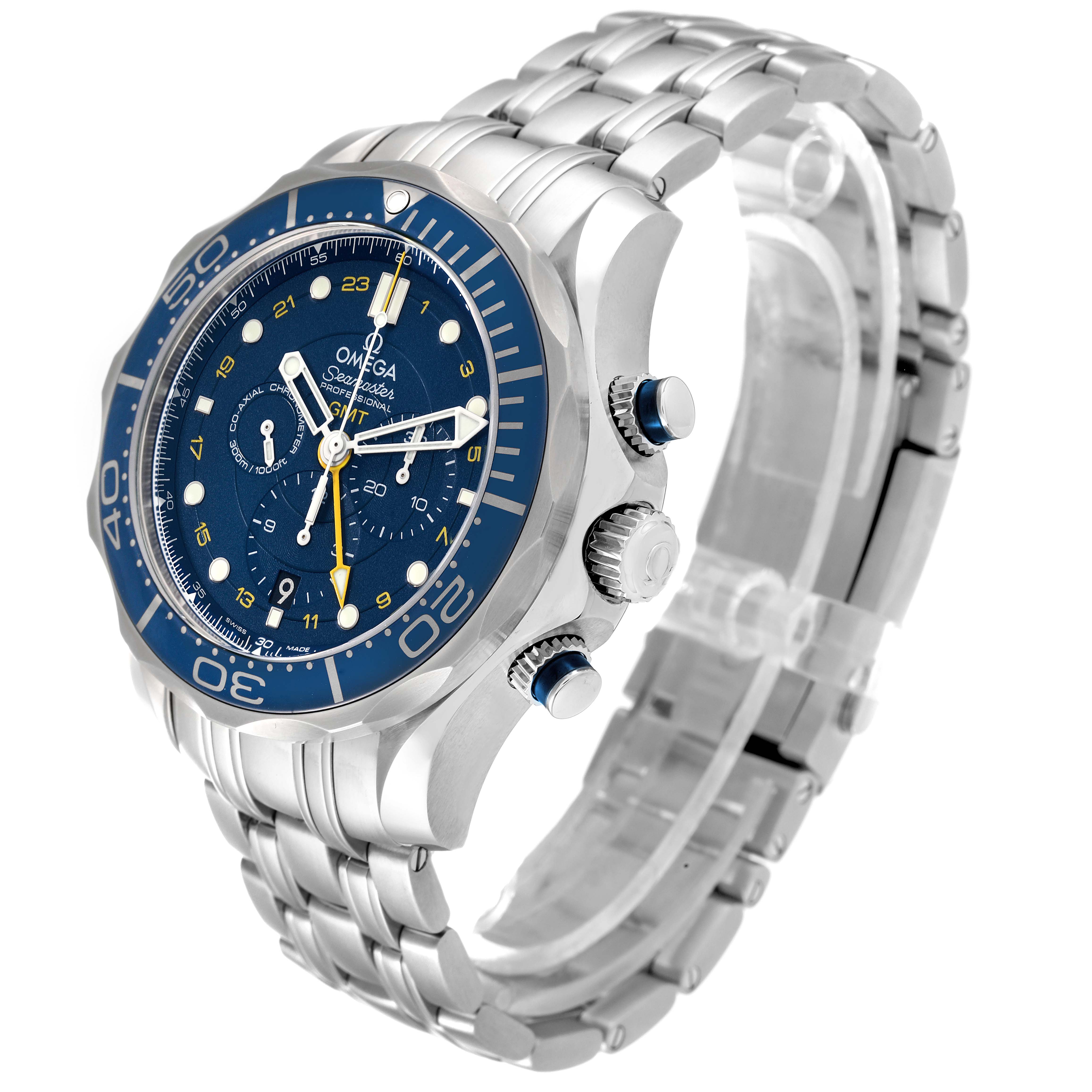 The image shows an angled view of the Omega Seamaster 212.30.44.52.03.001 Men
s Stainless Steel Blue Dial 212.30.44.52.03.001 Men
s Stainless Steel Blue Dial watch, highlighting its face, bezel, crown, pushers, and bracelet.