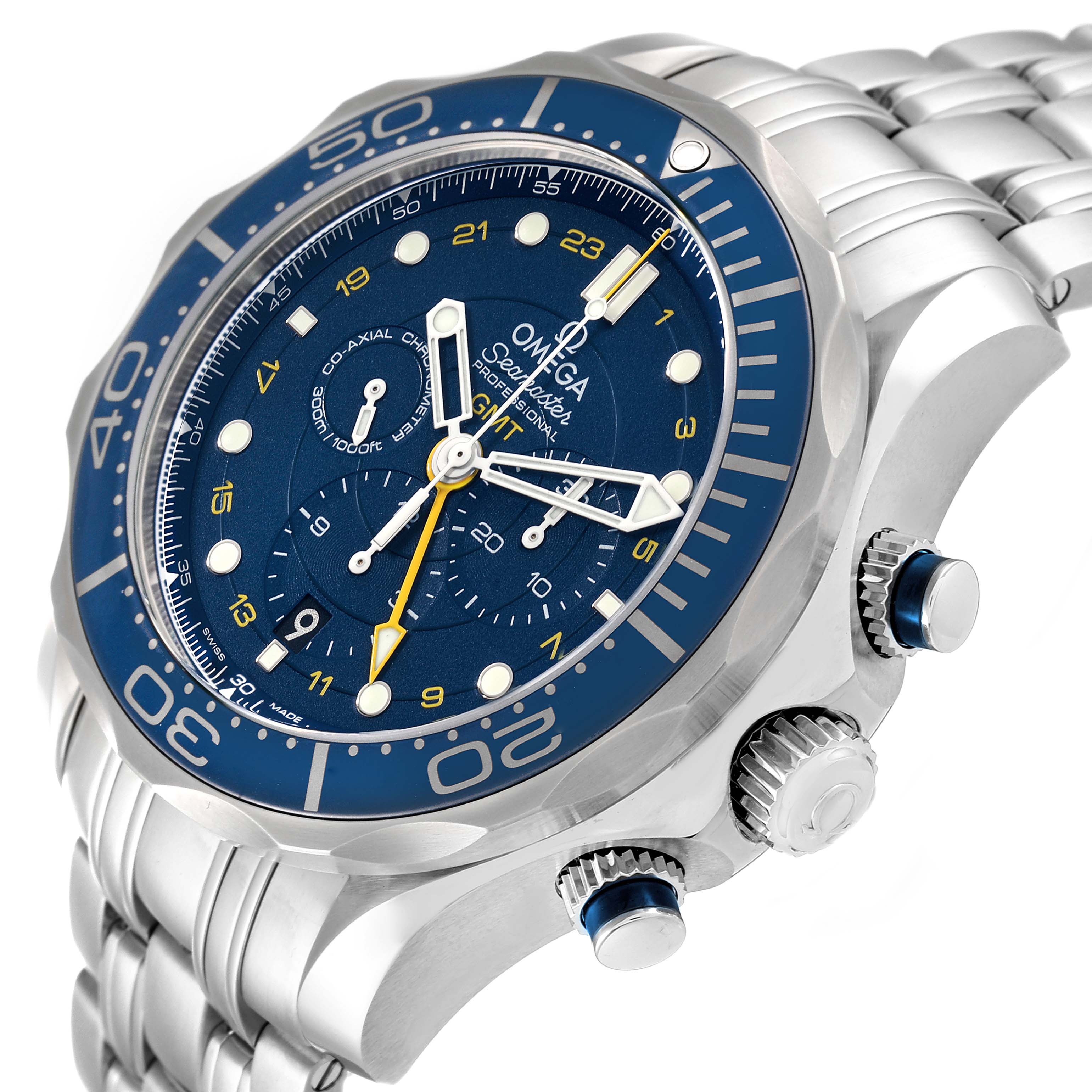 The image shows an Omega Seamaster 212.30.44.52.03.001 Men
s Stainless Steel Blue Dial 212.30.44.52.03.001 Men
s Stainless Steel Blue Dial watch at an angle highlighting its face, bezel, and side crown and pushers.