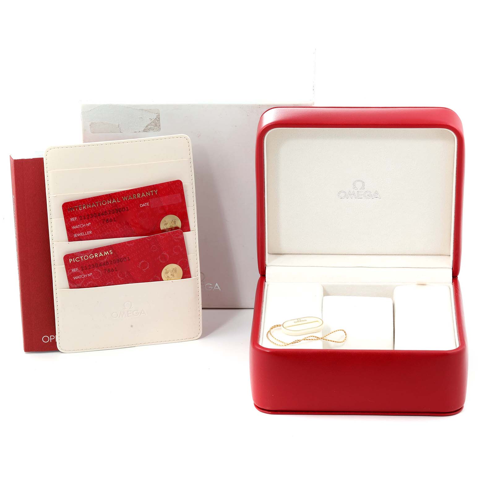 This image shows an Omega Seamaster 212.30.44.52.03.001 Men
s Stainless Steel Blue Dial 212.30.44.52.03.001 Men
s Stainless Steel Blue Dial watch box, documentation, and accessory case from a front angle.