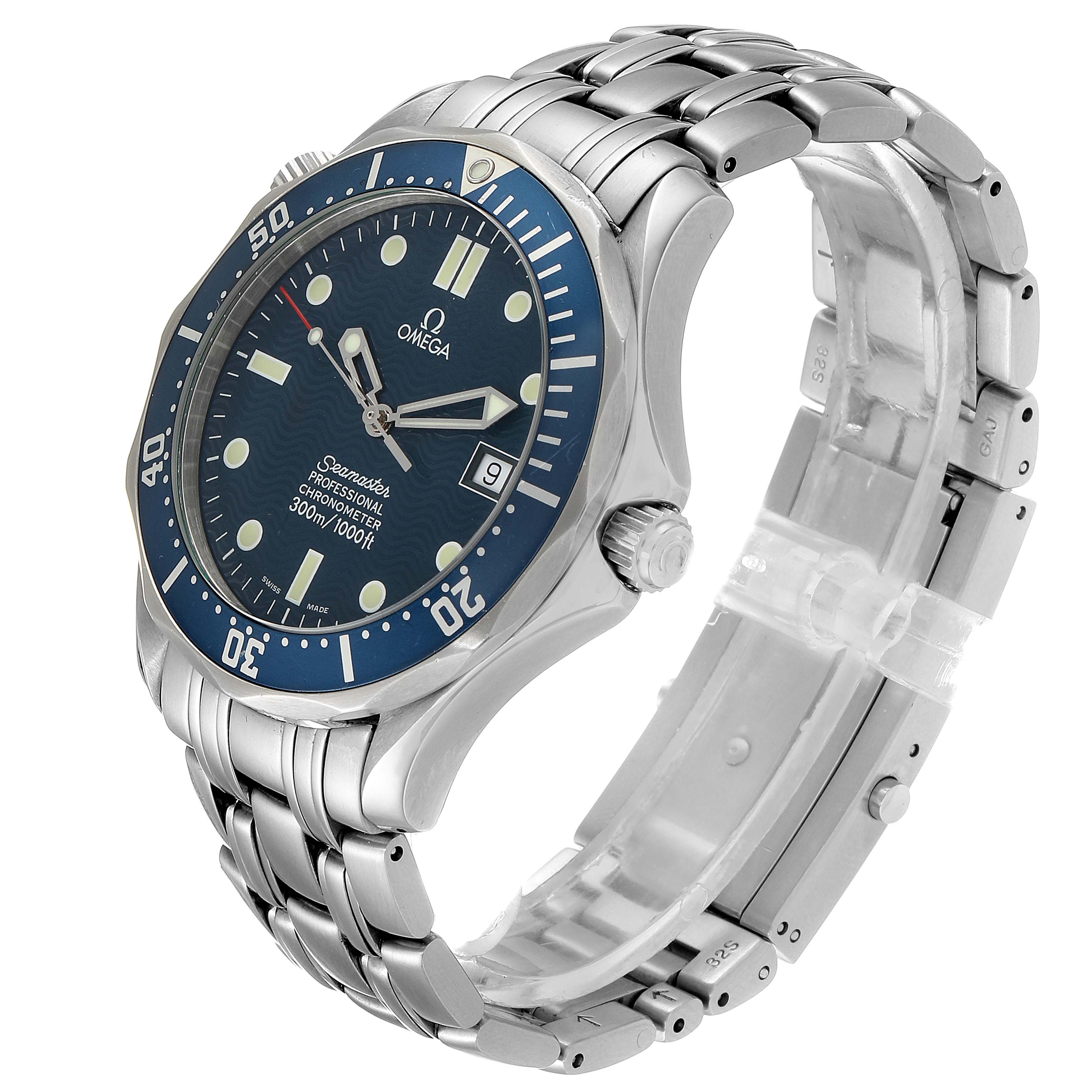 The Omega Seamaster 2531.80.00 Men
s Stainless Steel Blue Dial 2531.80.00 Men
s Stainless Steel Blue Dial watch is shown at an angled view, displaying the dial, bezel, crown, and stainless steel bracelet.