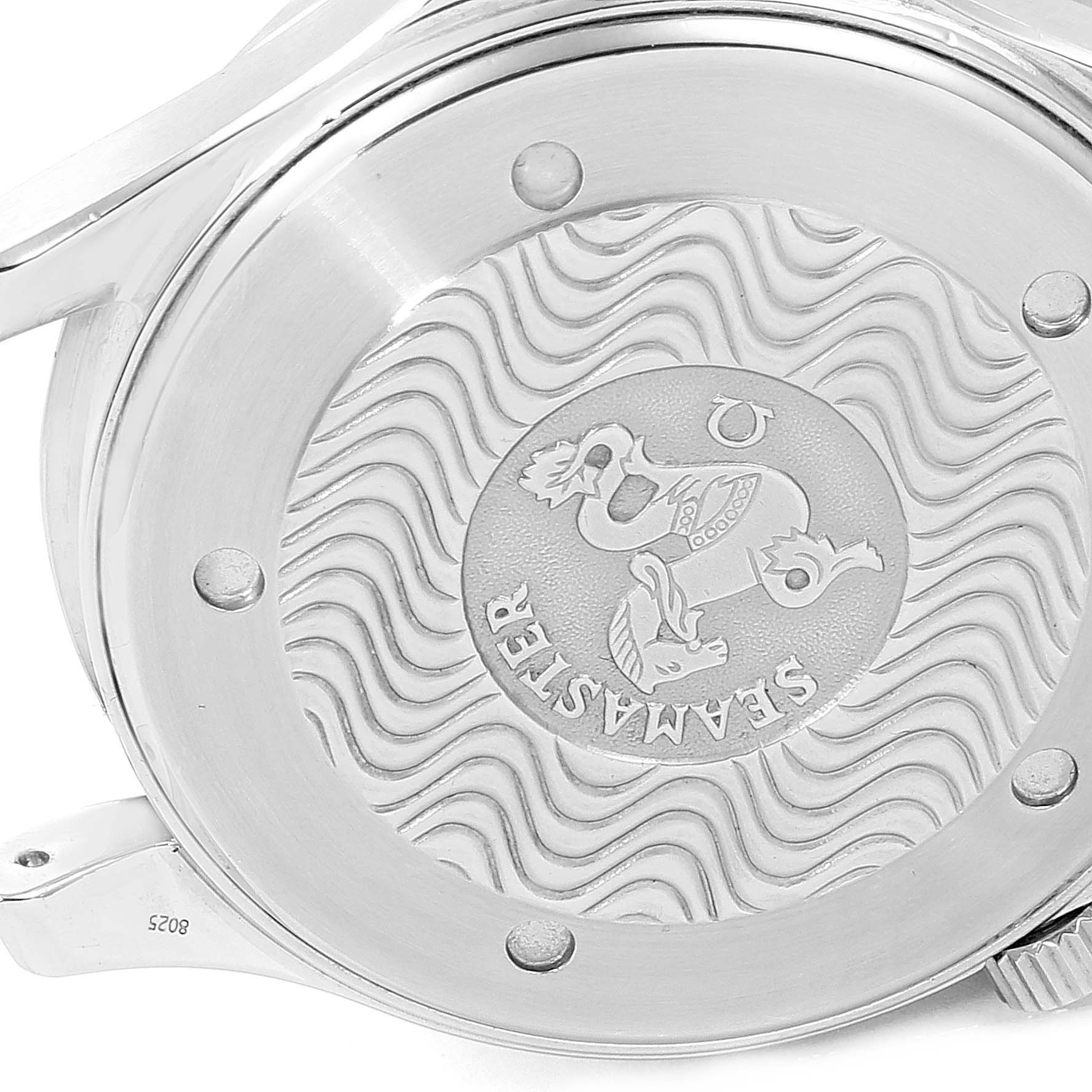 The image shows the case back of an Omega Seamaster 2531.80.00 Men
s Stainless Steel Blue Dial 2531.80.00 Men
s Stainless Steel Blue Dial watch at a close-up angle.