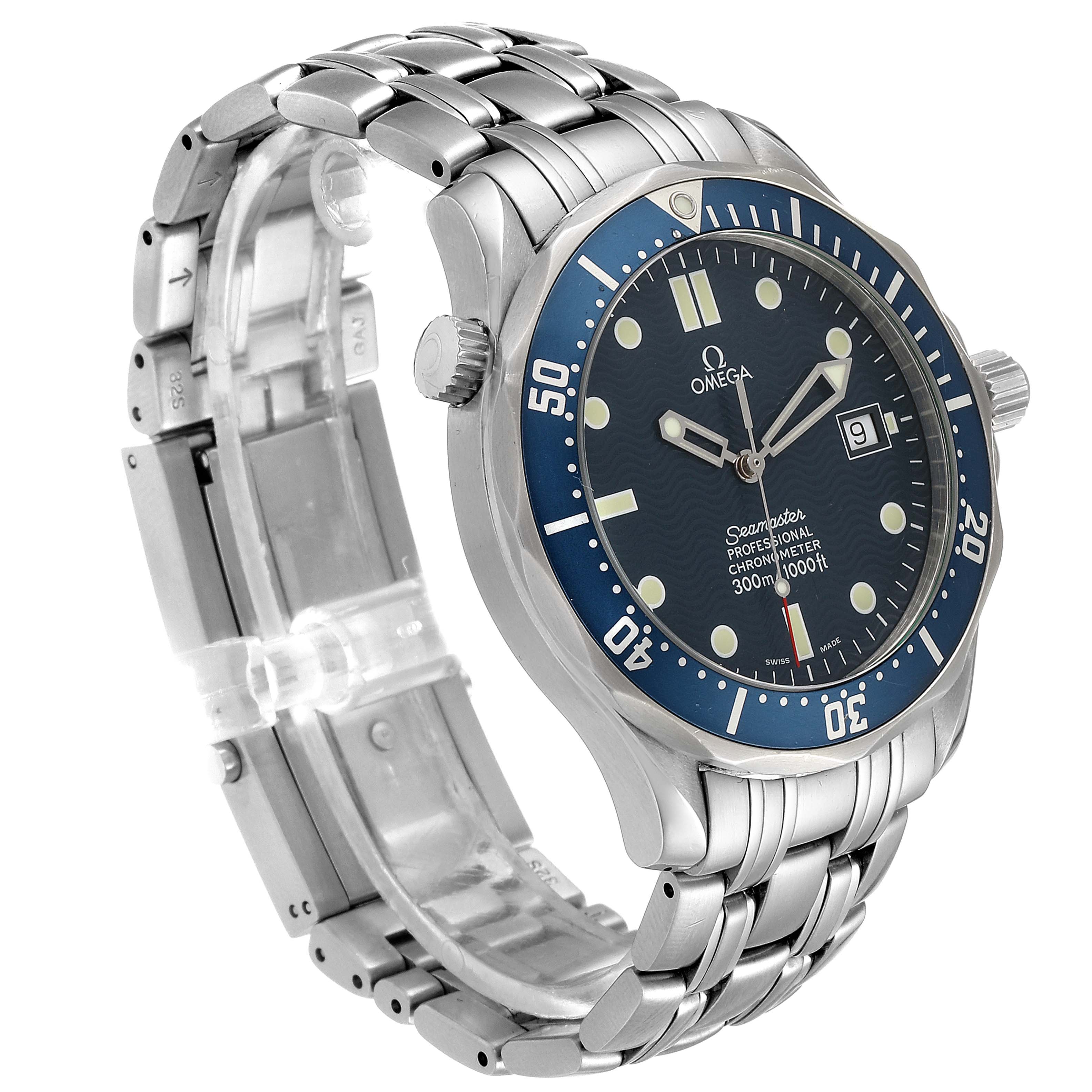 The image shows an Omega Seamaster 2531.80.00 Men
s Stainless Steel Blue Dial 2531.80.00 Men
s Stainless Steel Blue Dial watch from a front-side angle, highlighting the dial, bezel, case, and partially extended bracelet.