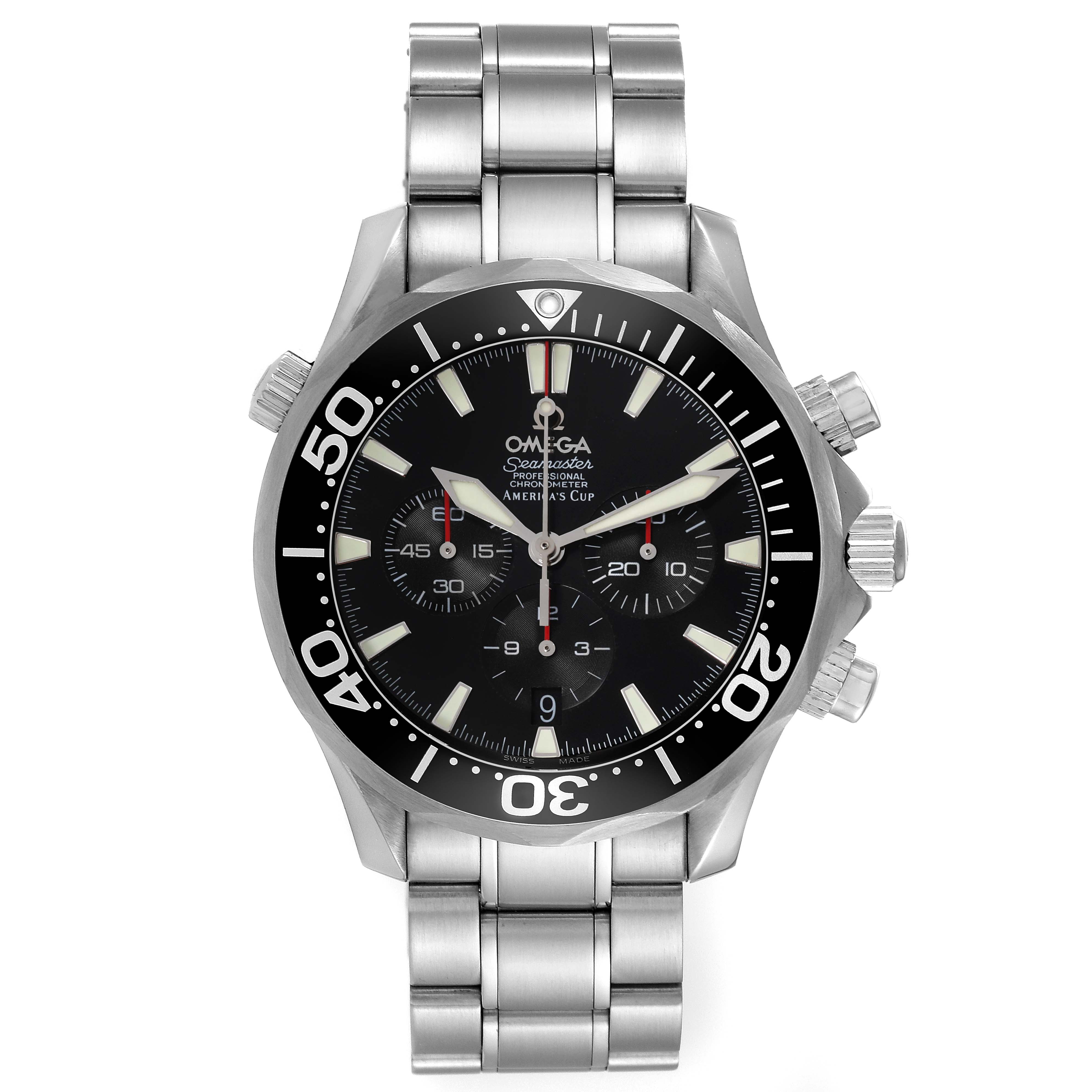The image shows a front view of an Omega Seamaster 2594.50.00 Men
s Stainless Steel Black Dial 2594.50.00 Men
s Stainless Steel Black Dial watch, displaying its face, bezel, and stainless steel bracelet.