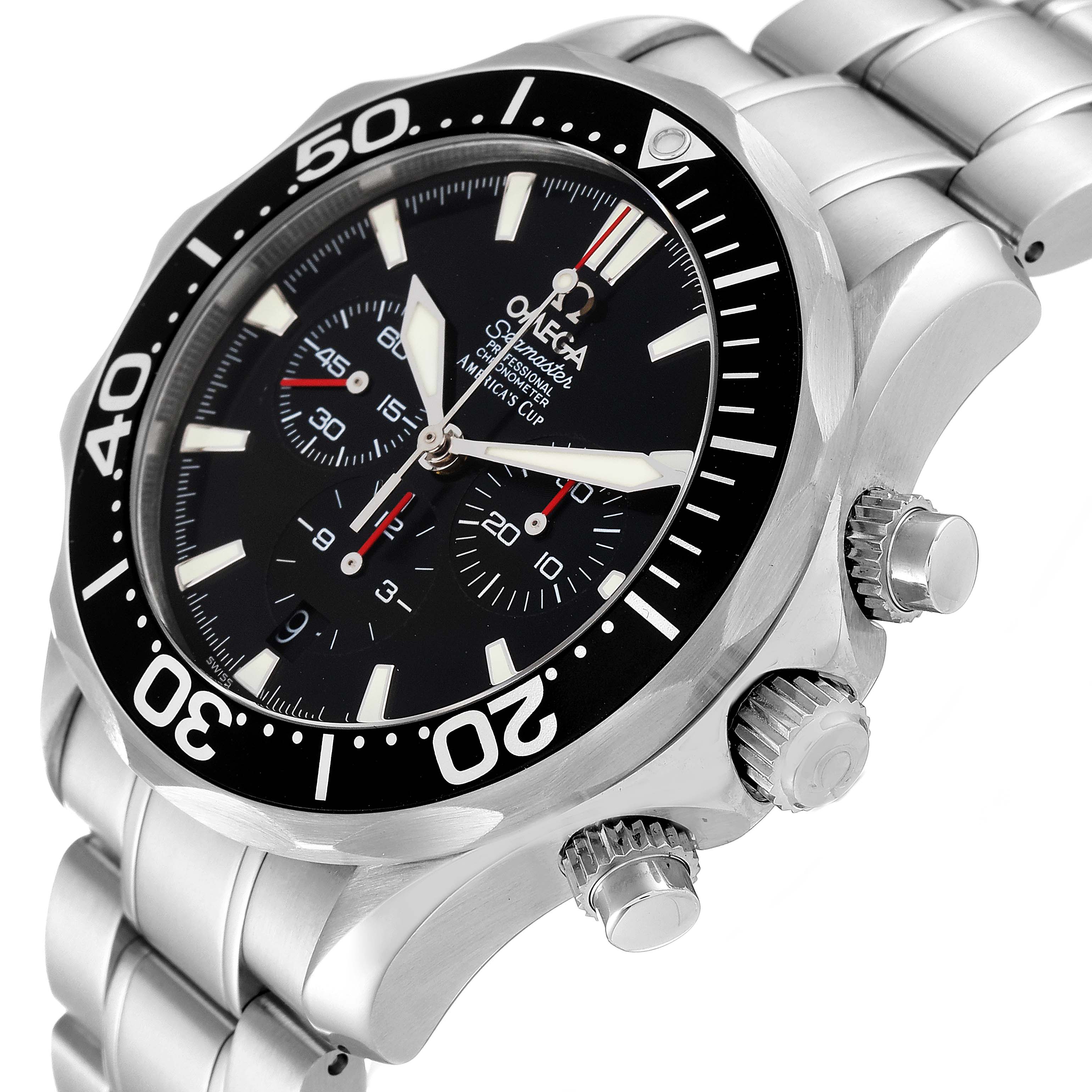 The image shows a close-up, angled view of an Omega Seamaster 2594.50.00 Men
s Stainless Steel Black Dial 2594.50.00 Men
s Stainless Steel Black Dial watch, highlighting the bezel, dial, and crown.