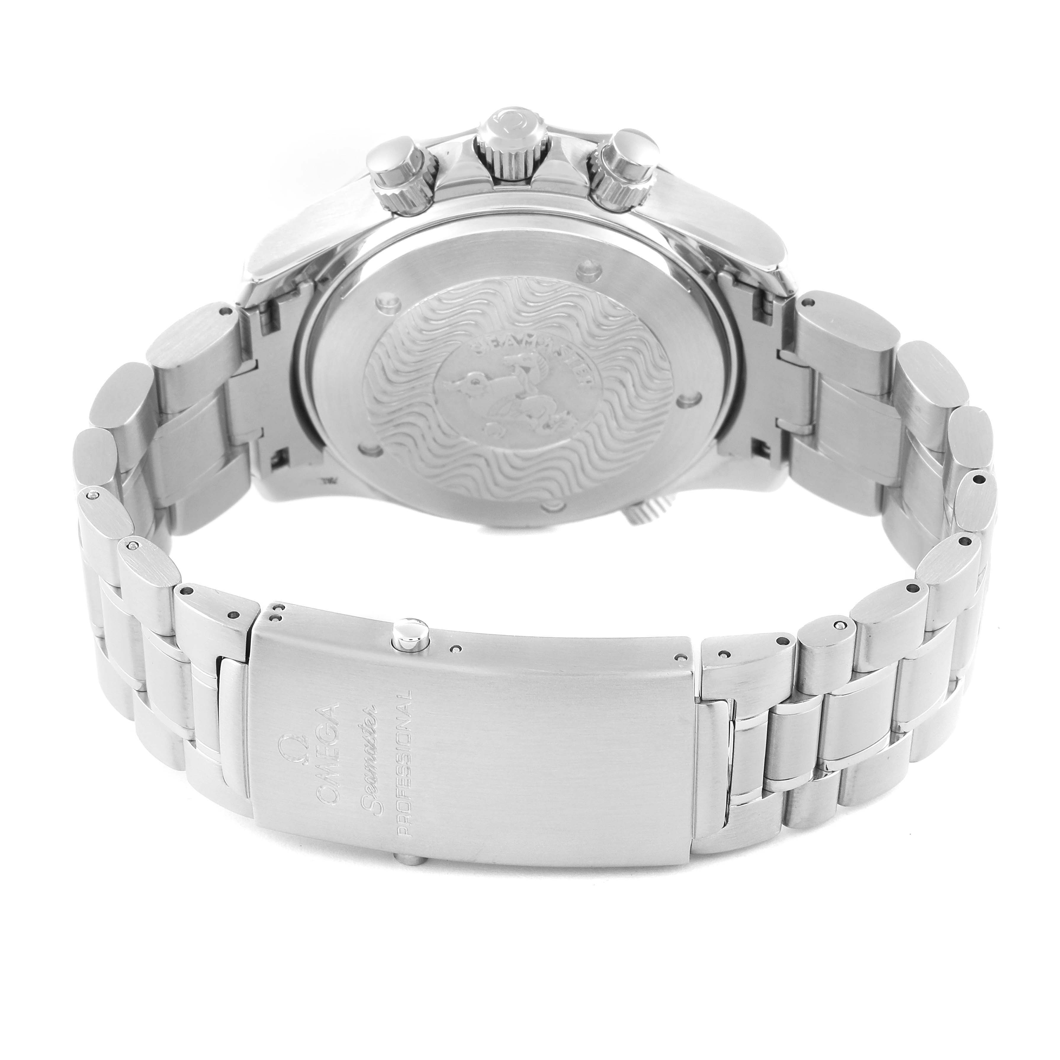 The image shows the back view of an Omega Seamaster 2594.50.00 Men
s Stainless Steel Black Dial 2594.50.00 Men
s Stainless Steel Black Dial watch with its stainless steel bracelet and clasp.