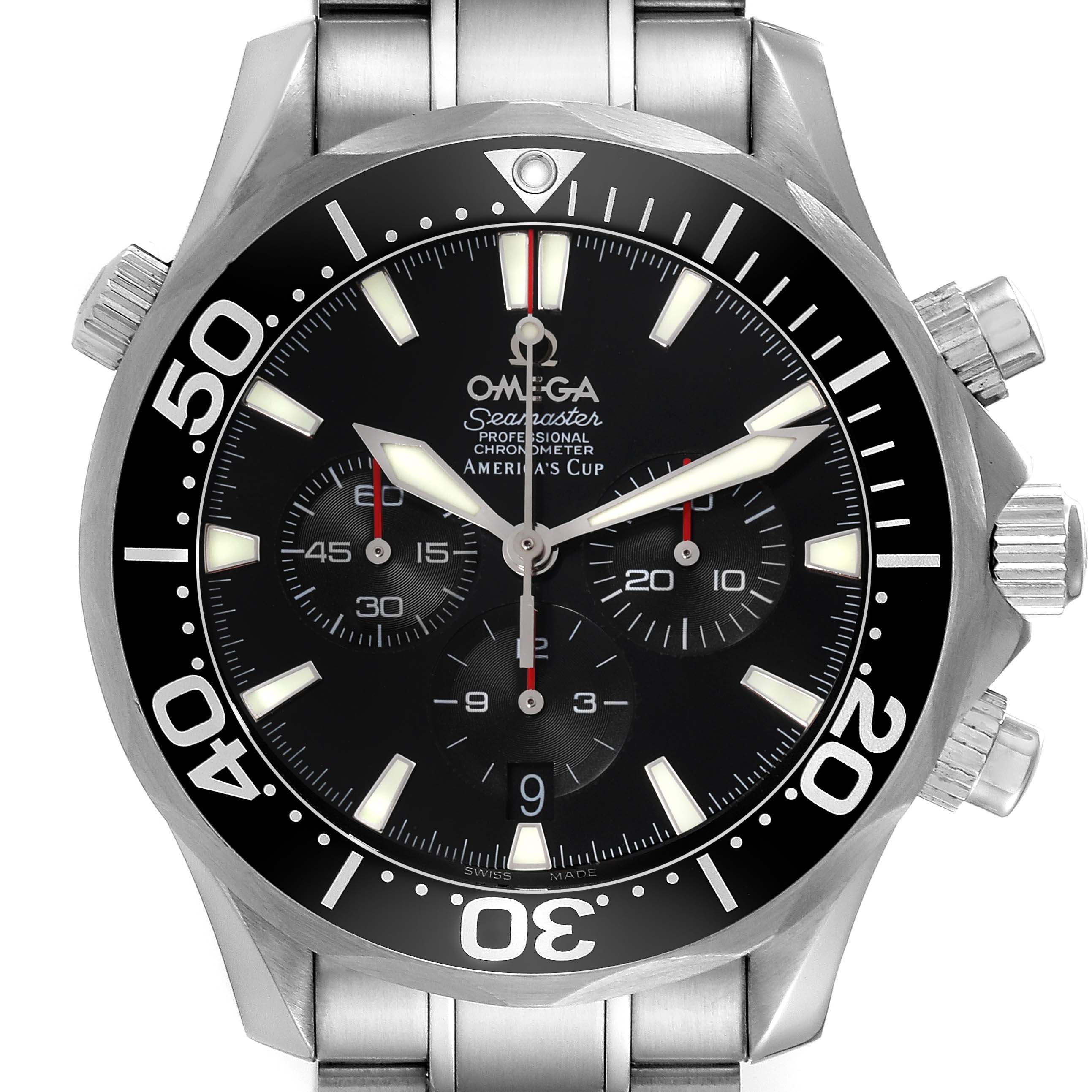 The image shows a front view of an Omega Seamaster 2594.50.00 Men
s Stainless Steel Black Dial 2594.50.00 Men
s Stainless Steel Black Dial with a black dial, three subdials, and a stainless steel bracelet.