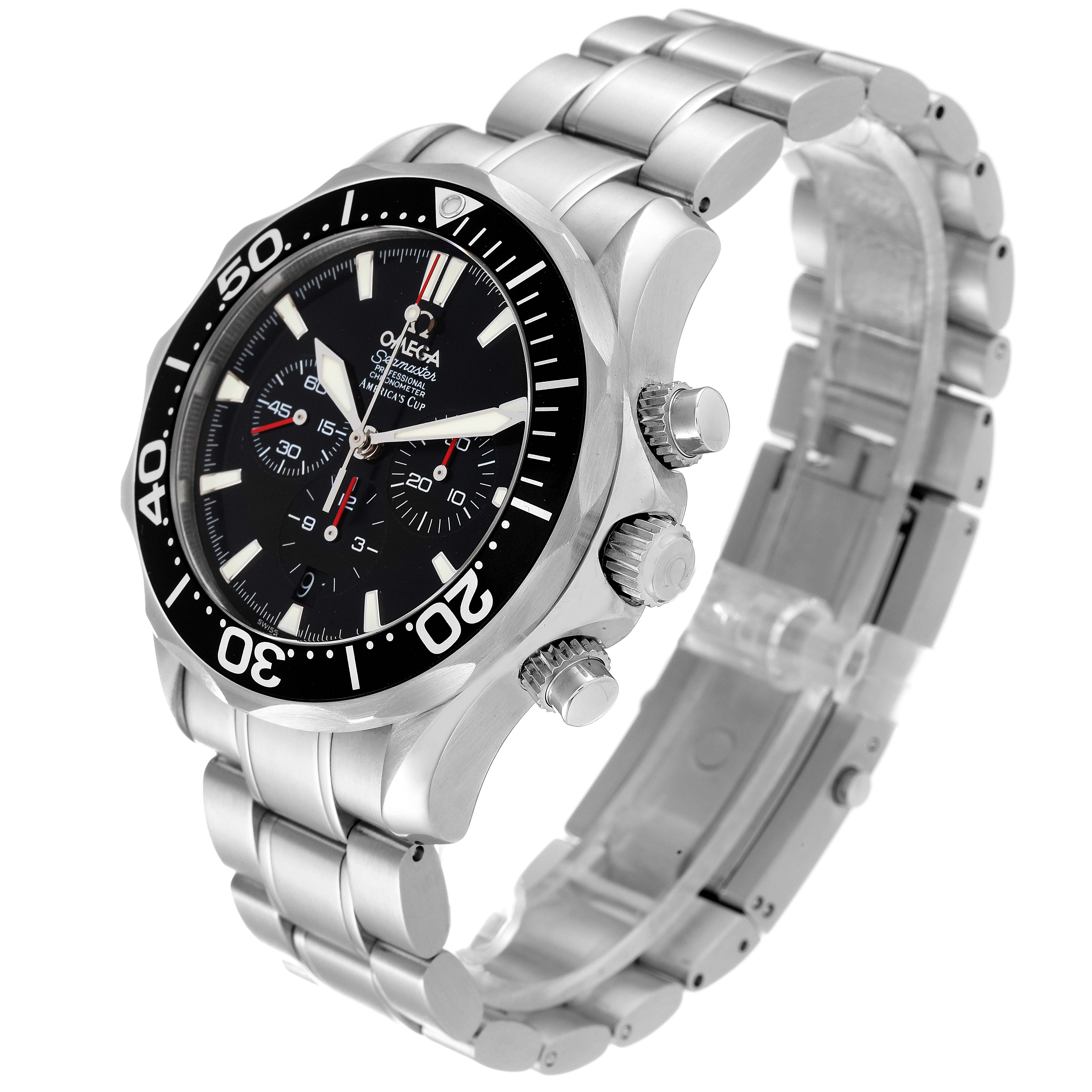 This shows the Omega Seamaster 2594.50.00 Men
s Stainless Steel Black Dial 2594.50.00 Men
s Stainless Steel Black Dial watch angled to reveal the face, bezel, crown, and stainless steel bracelet.