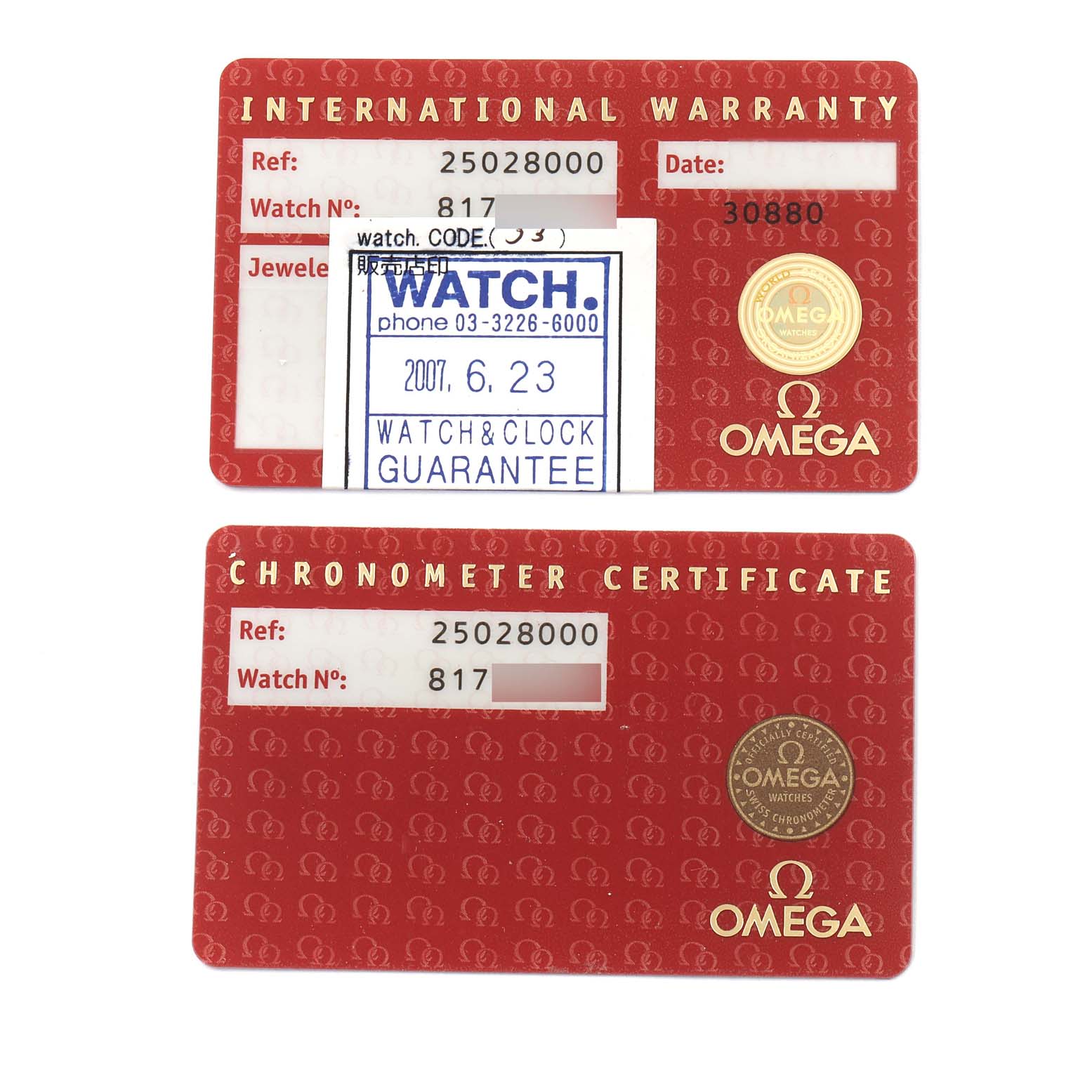 The image shows an International Warranty card and a Chronometer Certificate card for an Omega Aqua Terra 2502.80.00 Men
s Stainless Steel Blue Dial 2502.80.00 Men
s Stainless Steel Blue Dial model watch.