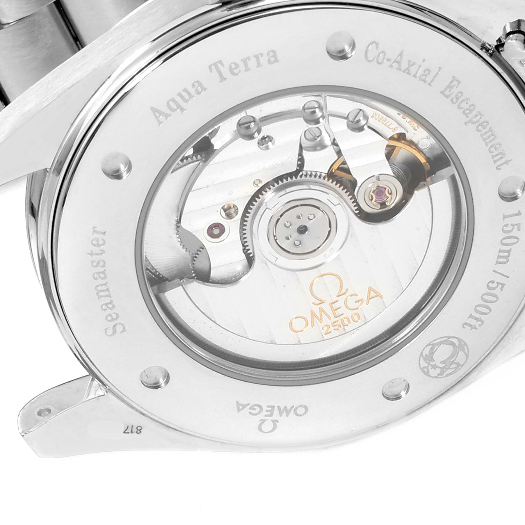 The image shows the back view of the Omega Aqua Terra 2502.80.00 Men
s Stainless Steel Blue Dial 2502.80.00 Men
s Stainless Steel Blue Dial watch, displaying its Co-Axial escapement mechanism.