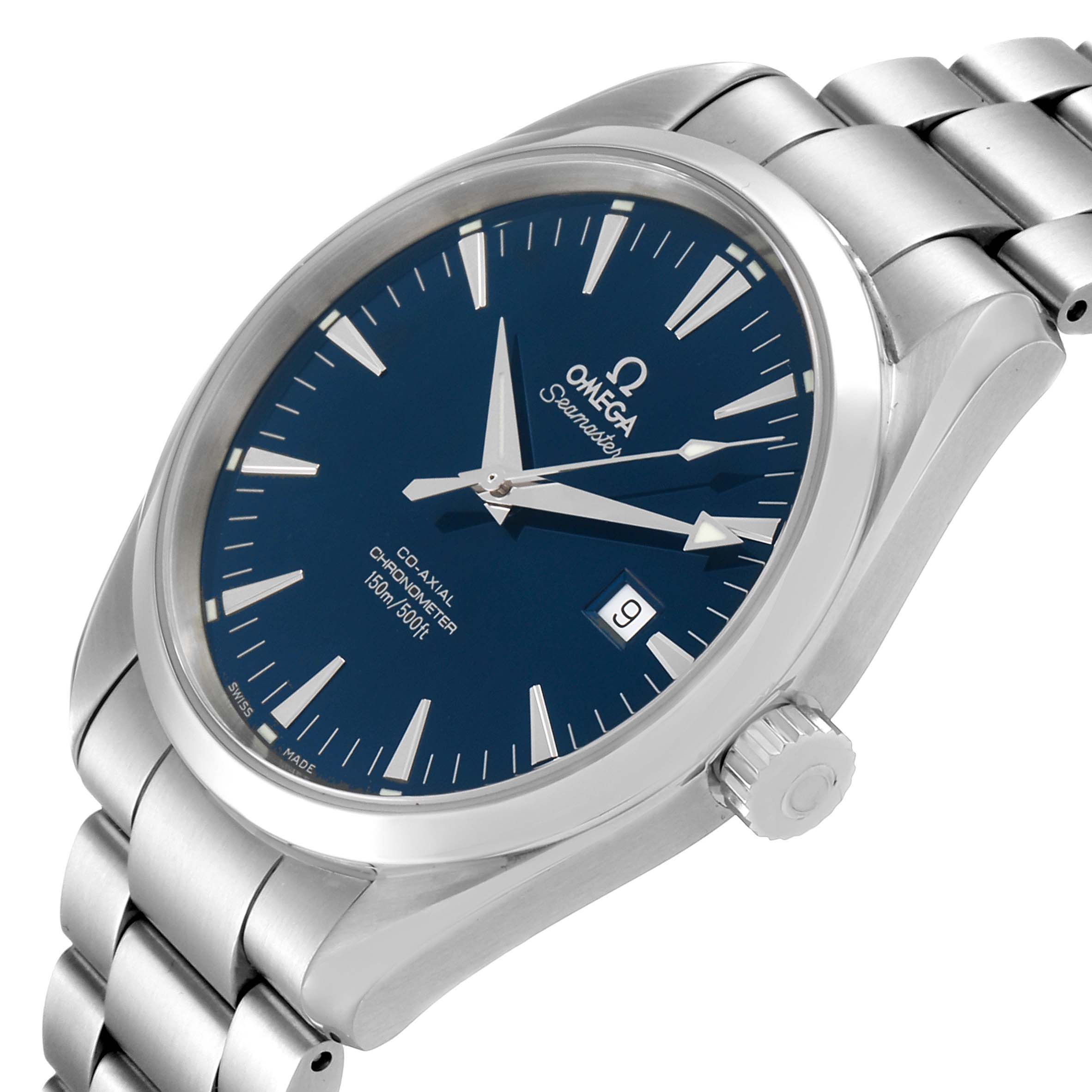 This image shows an angled view of the Omega Aqua Terra 2502.80.00 Men
s Stainless Steel Blue Dial 2502.80.00 Men
s Stainless Steel Blue Dial watch, highlighting the face, bezel, crown, and bracelet.