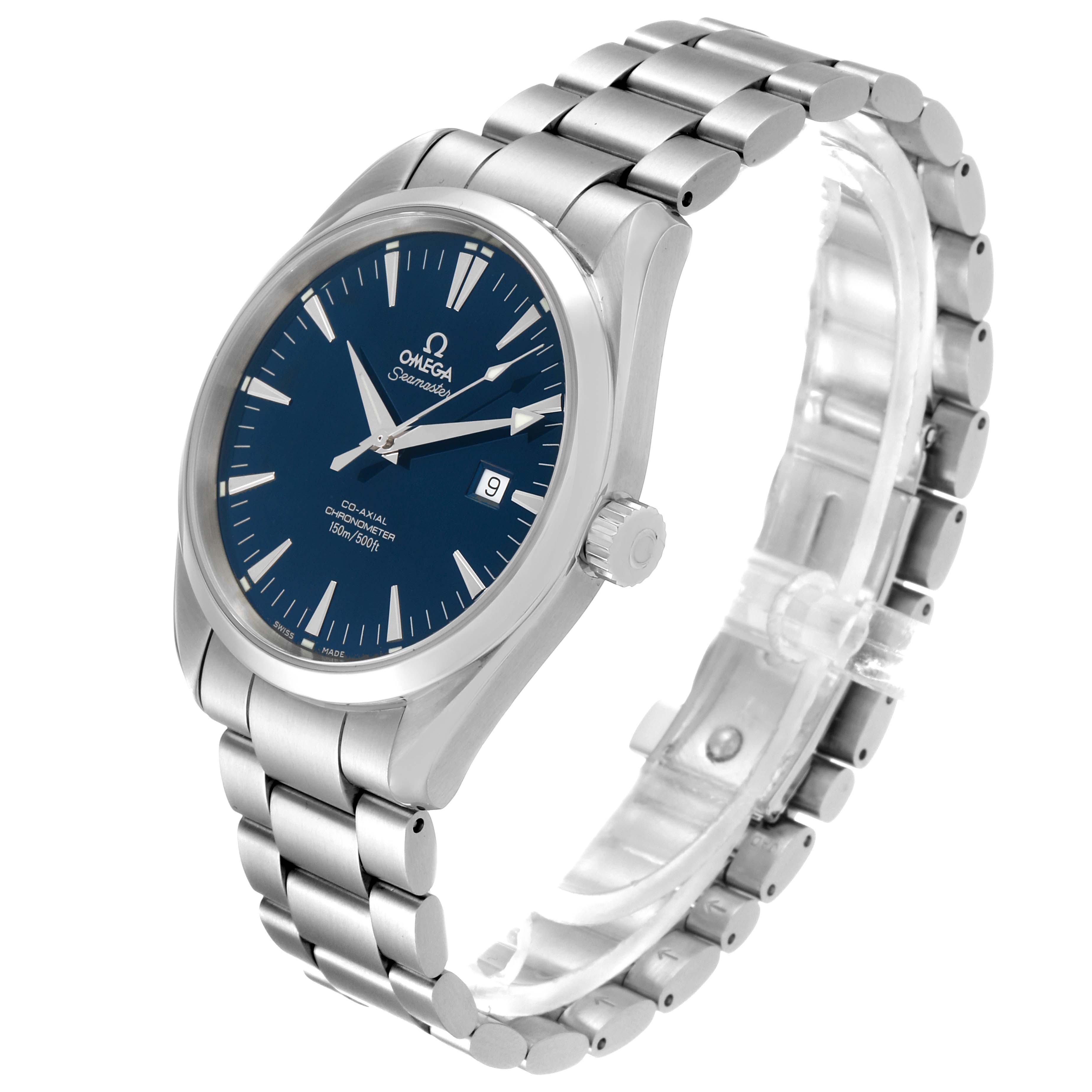 The Omega Aqua Terra 2502.80.00 Men
s Stainless Steel Blue Dial 2502.80.00 Men
s Stainless Steel Blue Dial watch is shown at a three-quarter angle, displaying the face, bracelet, and crown.