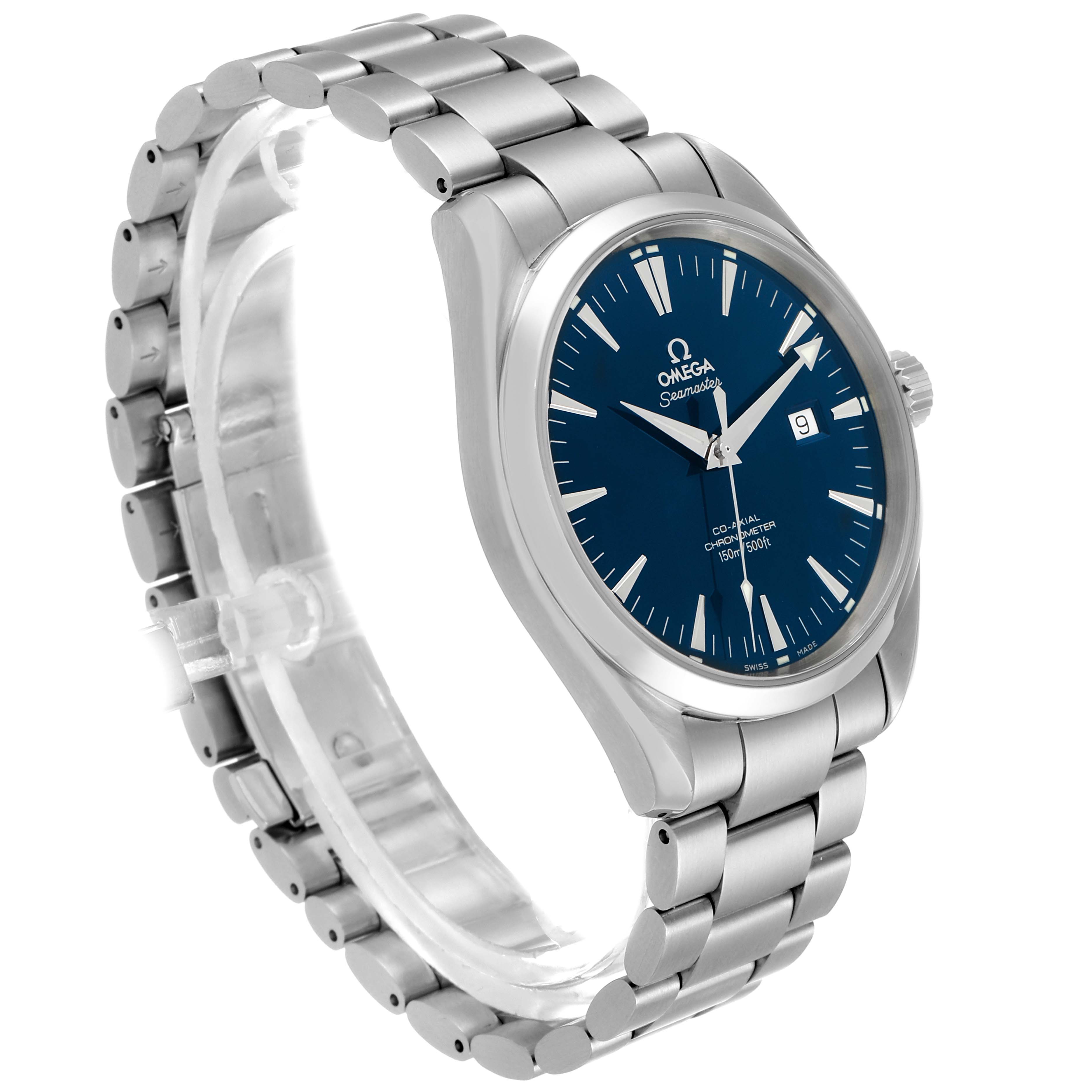 The image shows the Omega Aqua Terra 2502.80.00 Men
s Stainless Steel Blue Dial 2502.80.00 Men
s Stainless Steel Blue Dial watch at a three-quarter angle, displaying the face, case, bracelet, and crown.