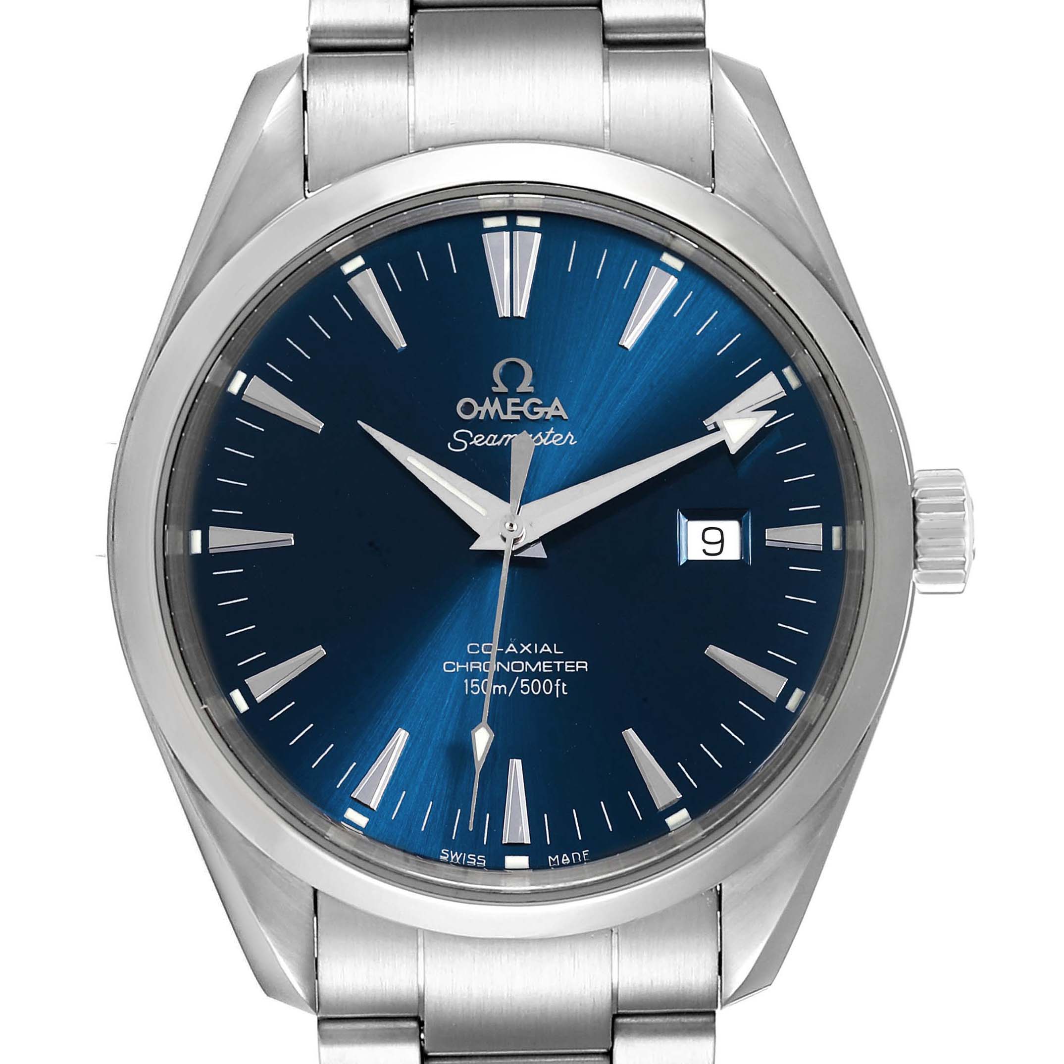 The image shows a front view of the Omega Aqua Terra 2502.80.00 Men
s Stainless Steel Blue Dial 2502.80.00 Men
s Stainless Steel Blue Dial watch, highlighting its dial, hands, date window, and stainless steel bracelet.