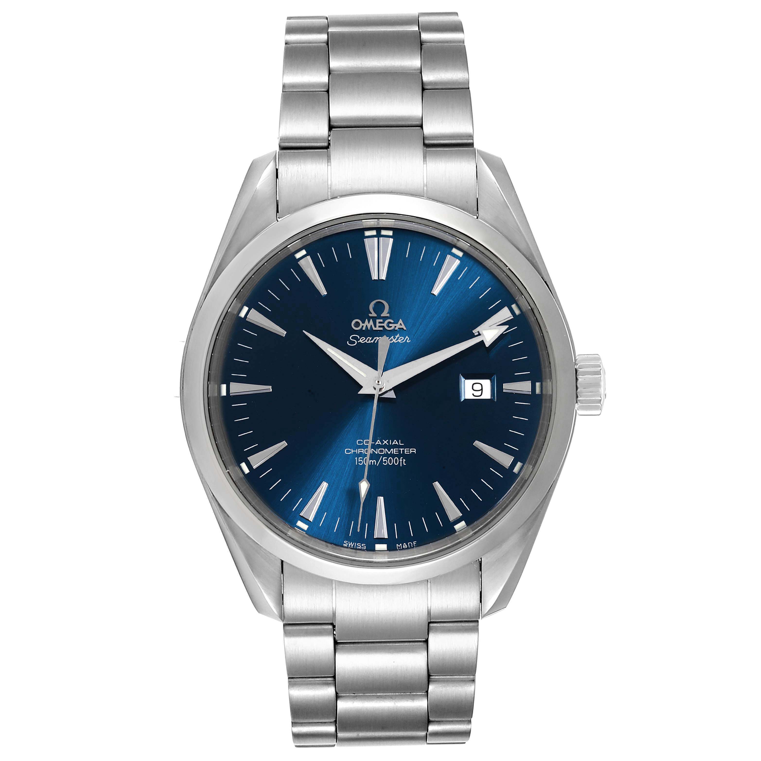 The image shows a front view of the Omega Aqua Terra 2502.80.00 Men
s Stainless Steel Blue Dial 2502.80.00 Men
s Stainless Steel Blue Dial watch, highlighting its blue dial, steel bracelet, and date window.