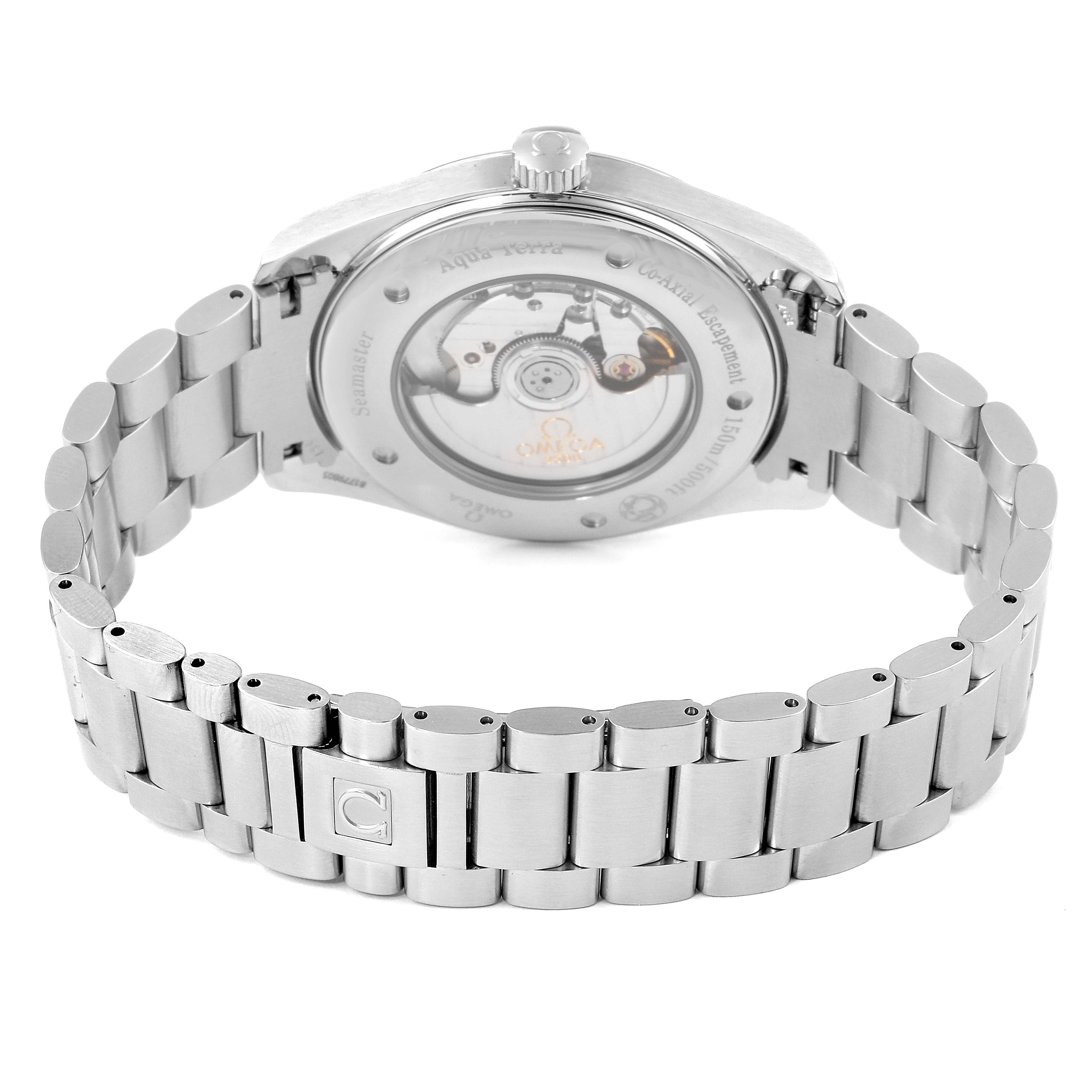 This image shows the back view of the Omega Aqua Terra 2502.80.00 Men
s Stainless Steel Blue Dial 2502.80.00 Men
s Stainless Steel Blue Dial watch, focusing on its case back and metal bracelet.