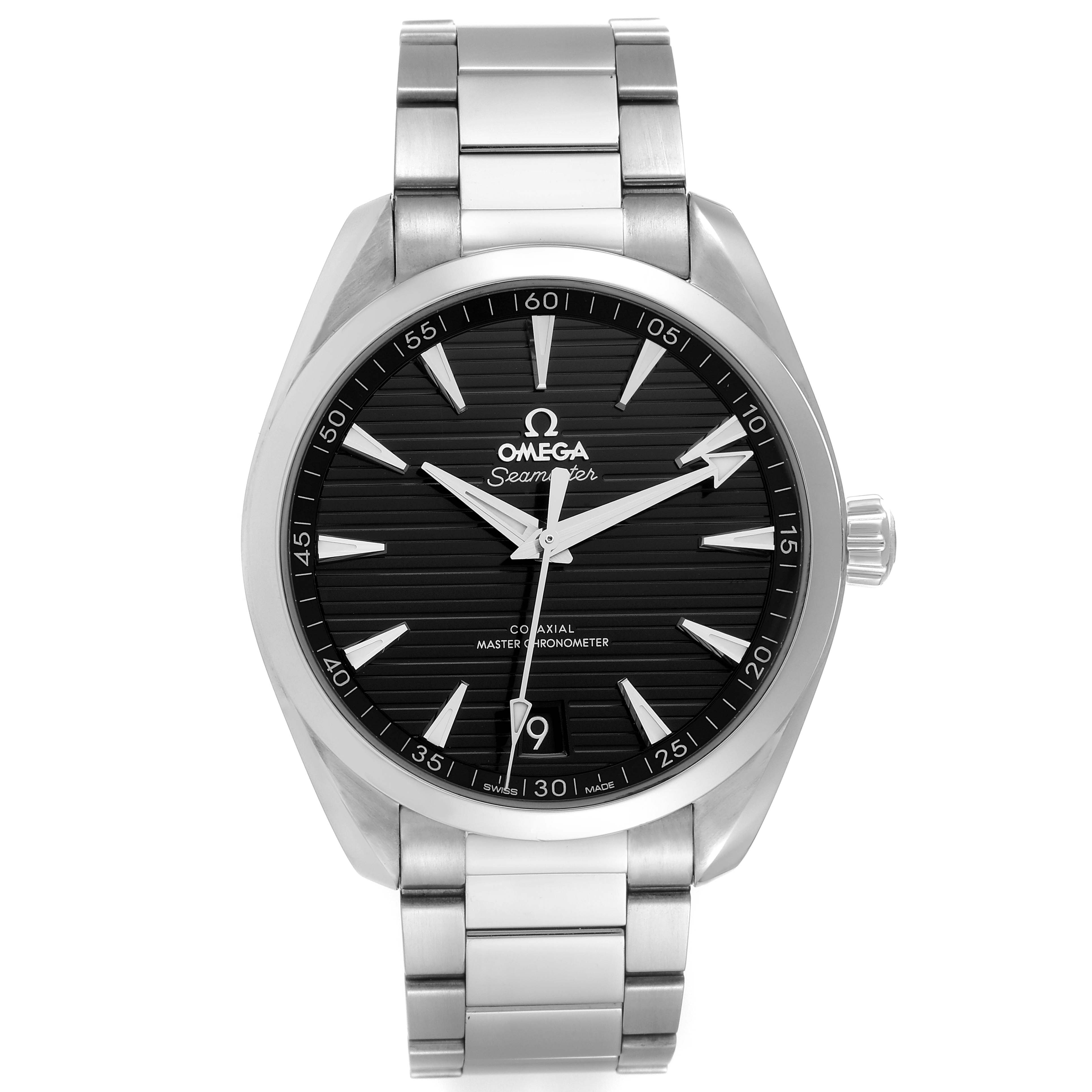 The image shows a front view of the Omega Aqua Terra 220.10.41.21.01.001 Men's Stainless Steel Black Dial 220.10.41.21.01.001 Men's Stainless Steel Black Dial watch, displaying its face, bezel, and bracelet.