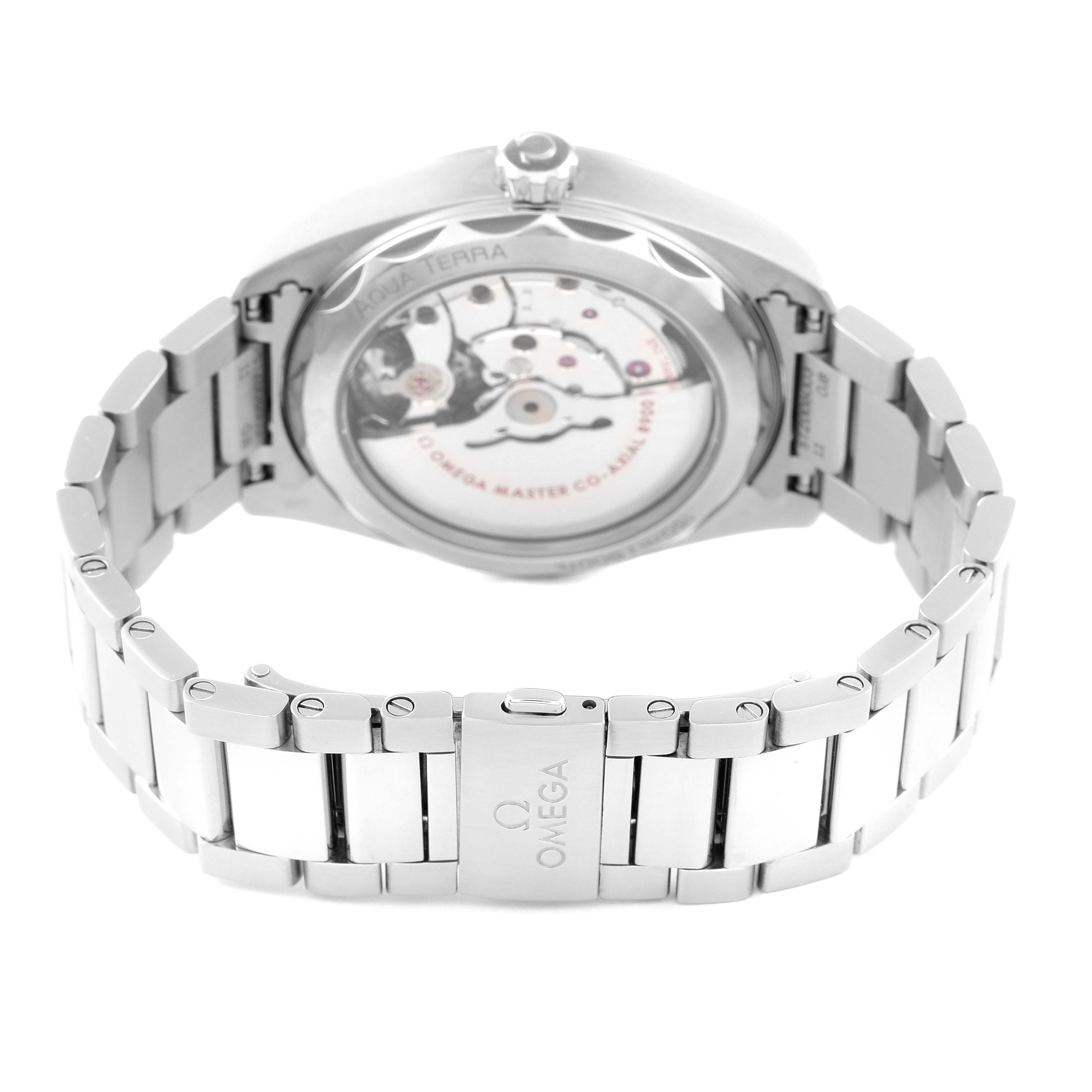 The image shows the back view of an Omega Aqua Terra 220.10.41.21.01.001 Men's Stainless Steel Black Dial 220.10.41.21.01.001 Men's Stainless Steel Black Dial watch, revealing its transparent case back and metallic bracelet.