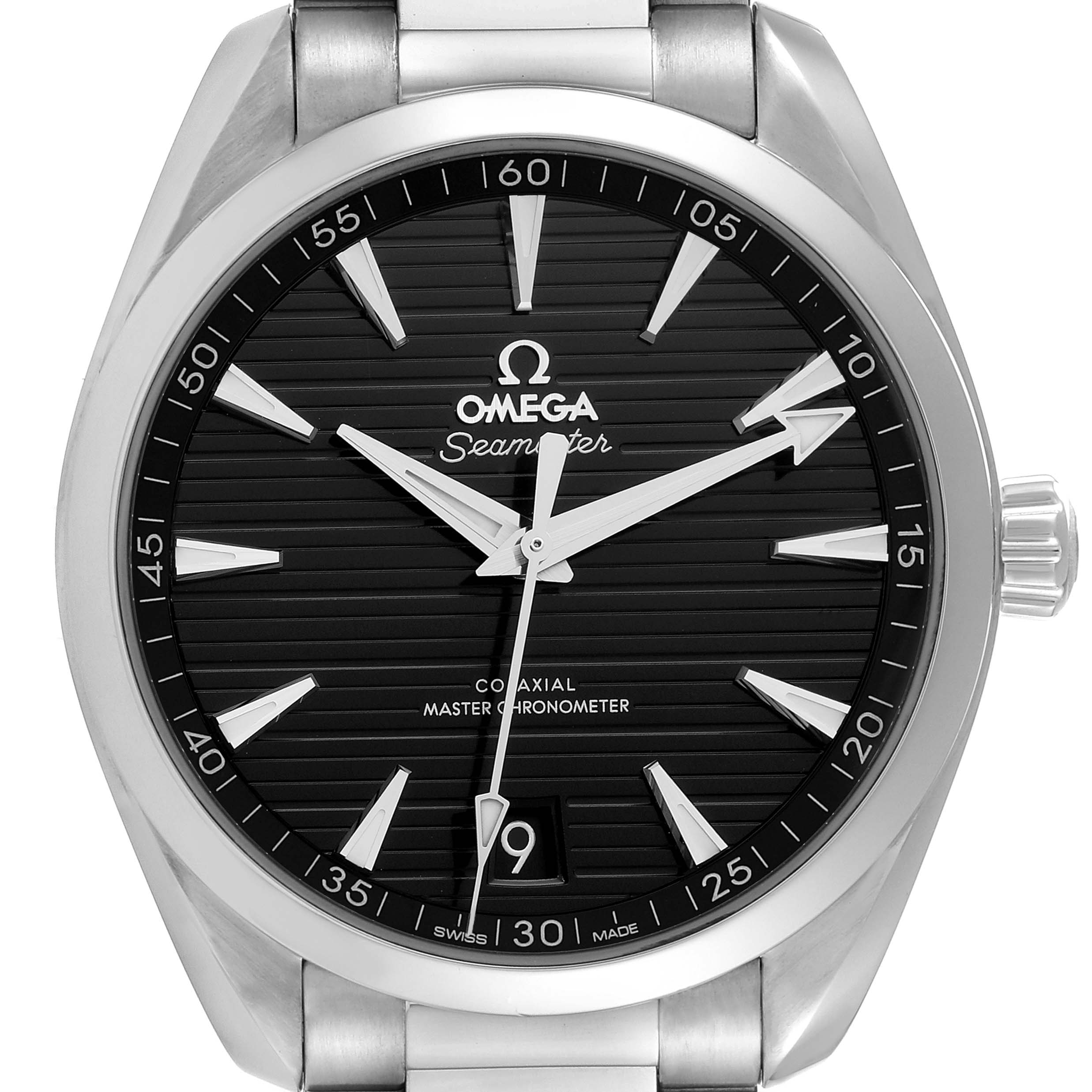 Close-up front view of the Omega Aqua Terra 220.10.41.21.01.001 Men's Stainless Steel Black Dial 220.10.41.21.01.001 Men's Stainless Steel Black Dial watch, showing its dial, hands, bezel, and crown.