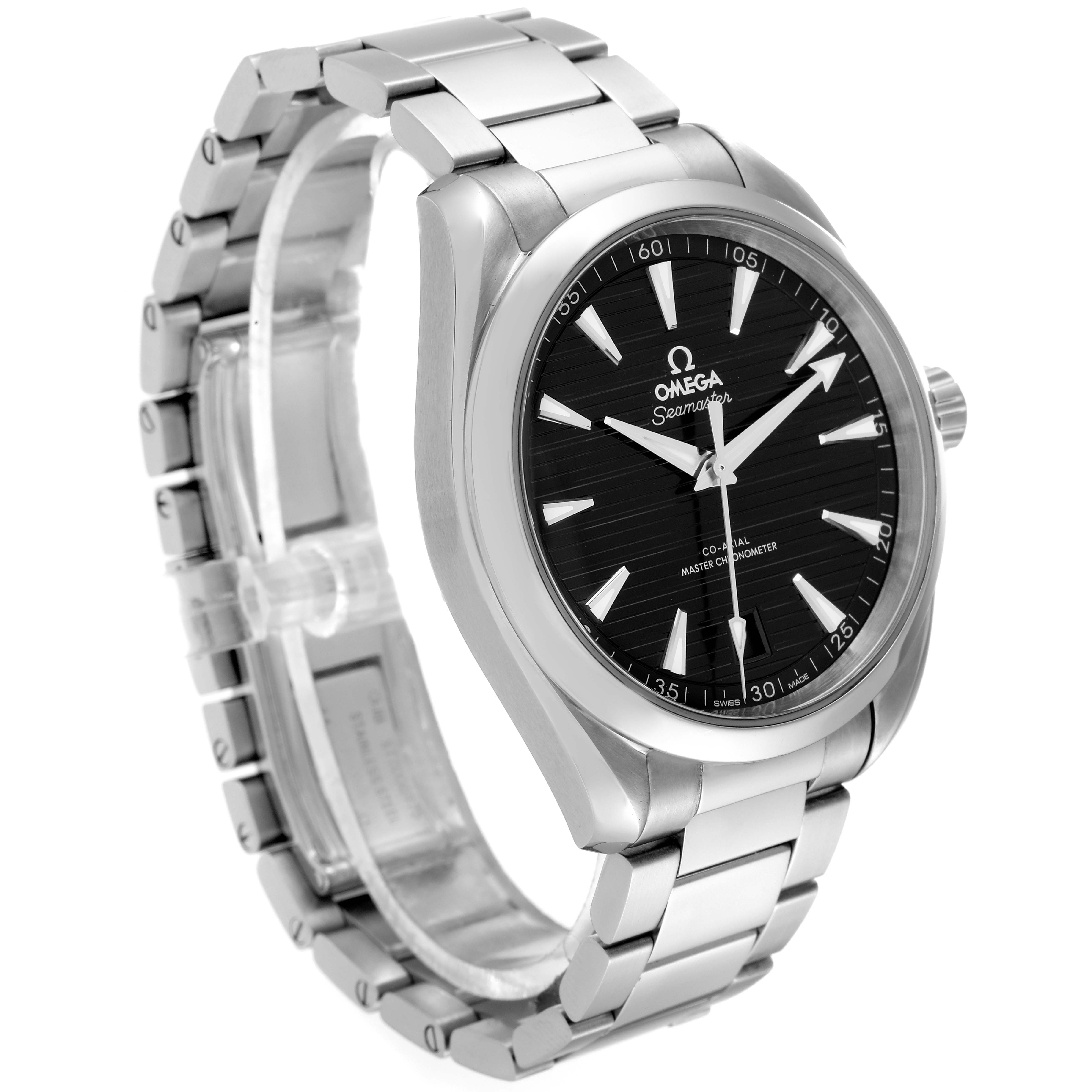 The Omega Aqua Terra 220.10.41.21.01.001 Men's Stainless Steel Black Dial 220.10.41.21.01.001 Men's Stainless Steel Black Dial watch is shown at an angle, displaying the face, bezel, and metal bracelet.