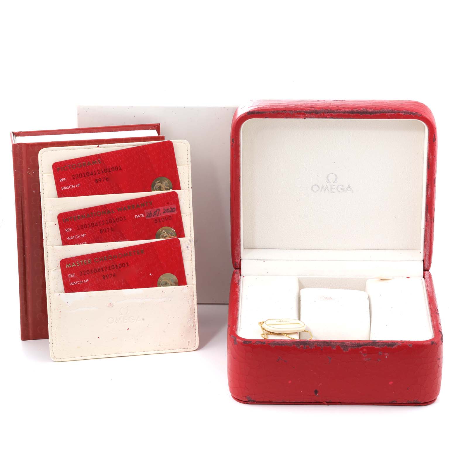 The image shows an Omega Aqua Terra 220.10.41.21.01.001 Men's Stainless Steel Black Dial 220.10.41.21.01.001 Men's Stainless Steel Black Dial watch box, warranty cards, cardholder, and accompanying documentation.