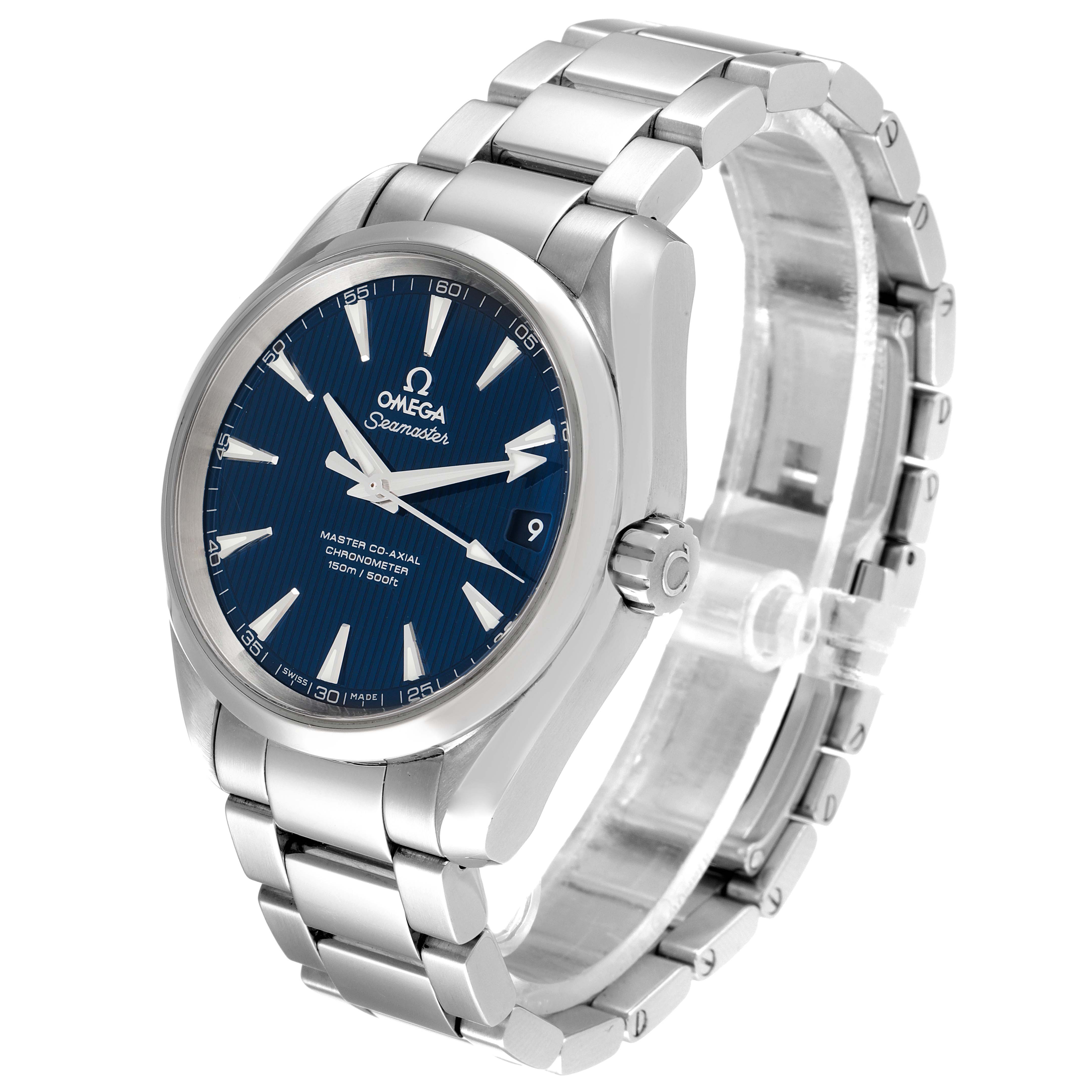 This image shows an Omega Aqua Terra 231.10.39.21.03.002 Men
s Stainless Steel Blue Dial 231.10.39.21.03.002 Men
s Stainless Steel Blue Dial watch at a three-quarter angle, highlighting its blue dial, stainless steel bracelet, and crown.