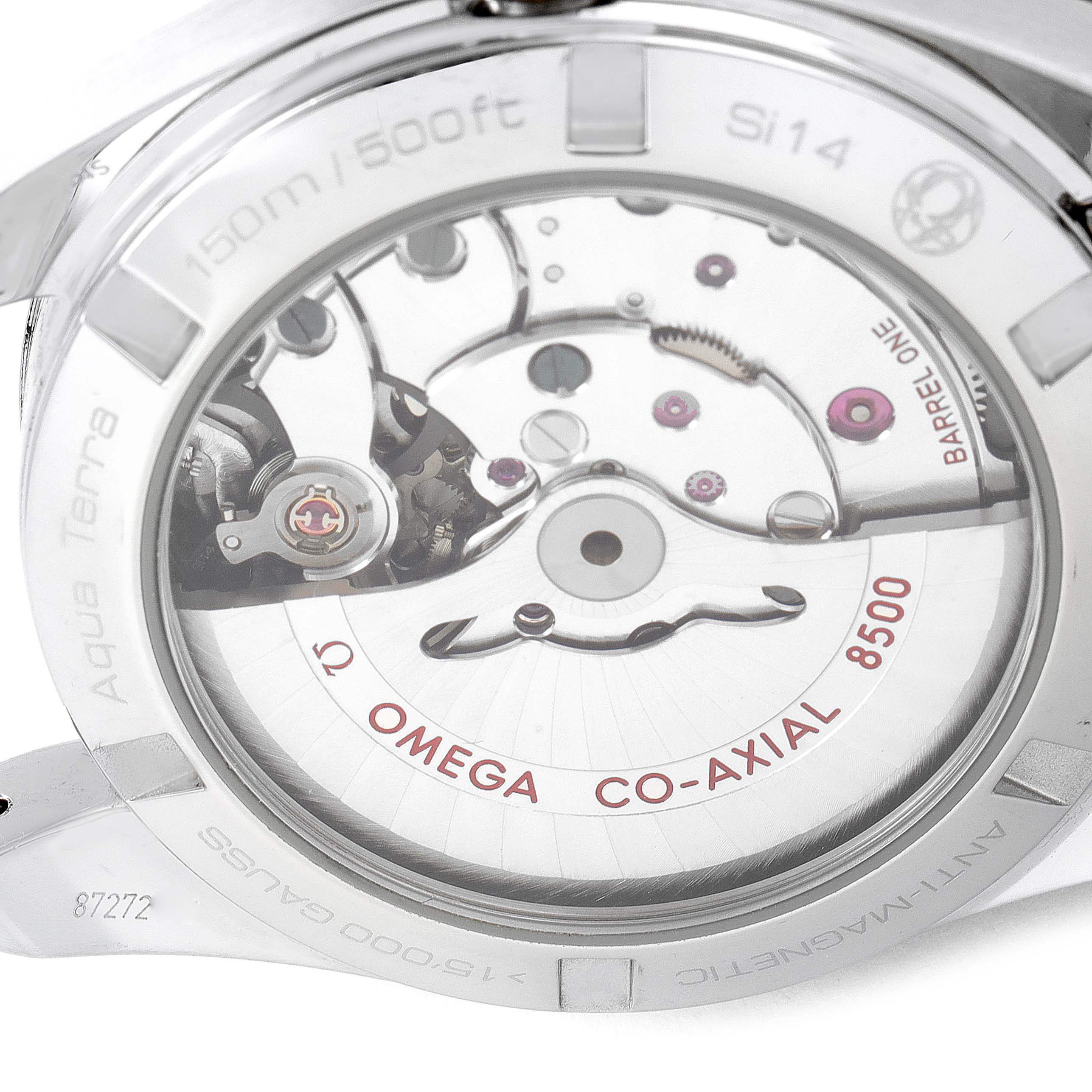This is a close-up of the back of an Omega Aqua Terra 231.10.39.21.03.002 Men
s Stainless Steel Blue Dial 231.10.39.21.03.002 Men
s Stainless Steel Blue Dial watch, showing the Co-Axial 8500 movement inside.