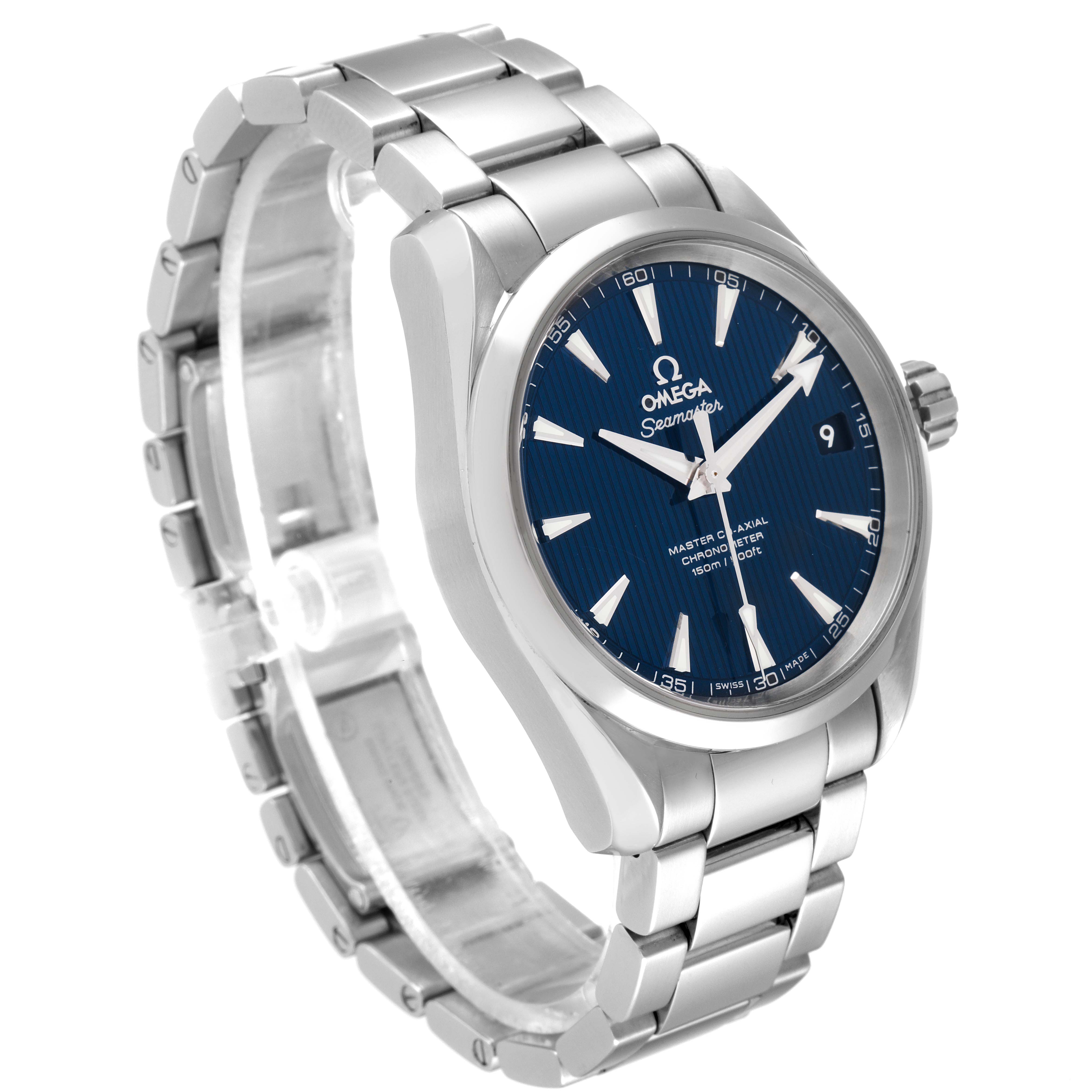 The image shows an Omega Aqua Terra 231.10.39.21.03.002 Men
s Stainless Steel Blue Dial 231.10.39.21.03.002 Men
s Stainless Steel Blue Dial watch at a three-quarter angle, highlighting the bracelet and blue dial.