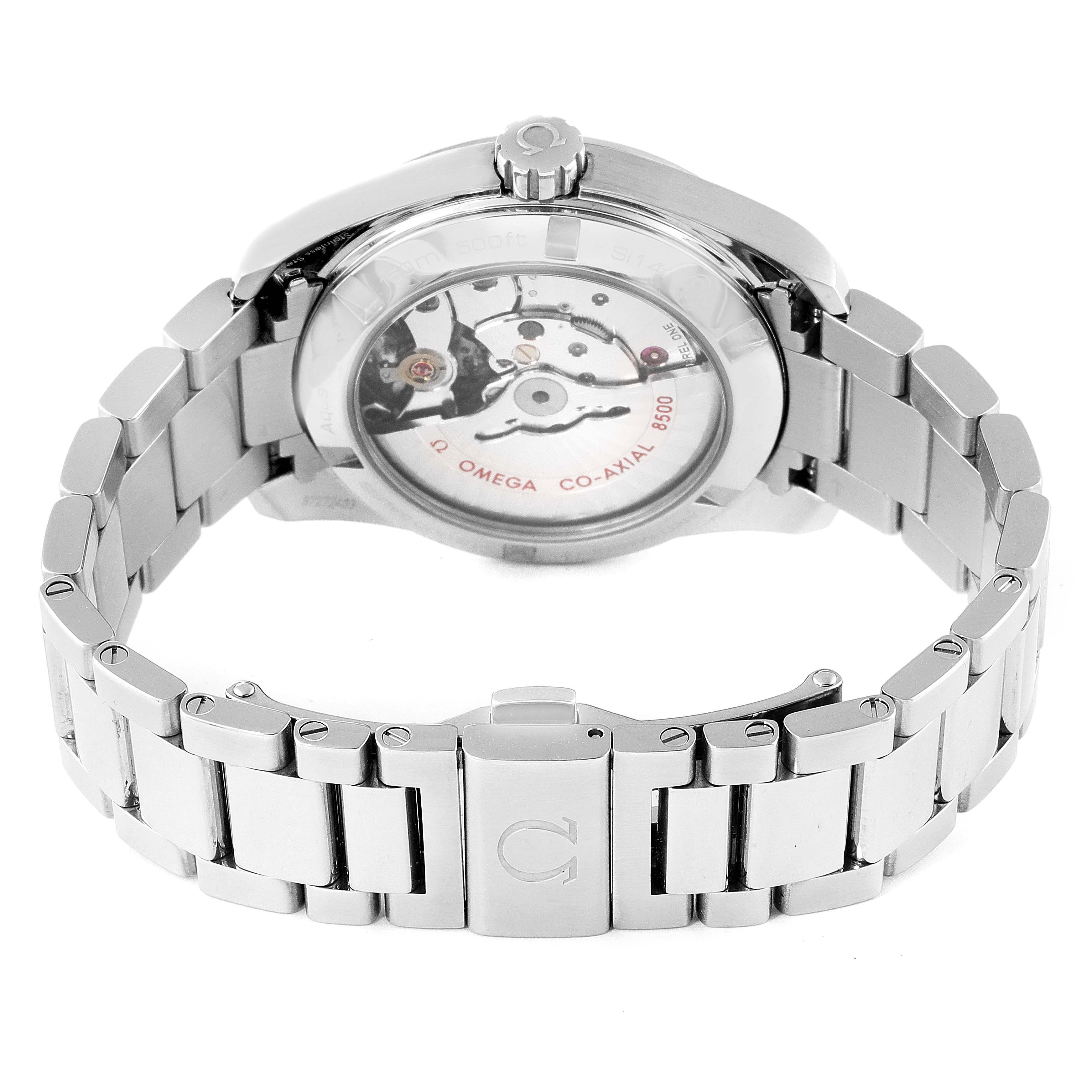 The image shows the back view of the Omega Aqua Terra 231.10.39.21.03.002 Men
s Stainless Steel Blue Dial 231.10.39.21.03.002 Men
s Stainless Steel Blue Dial watch, displaying its movement and metal bracelet.