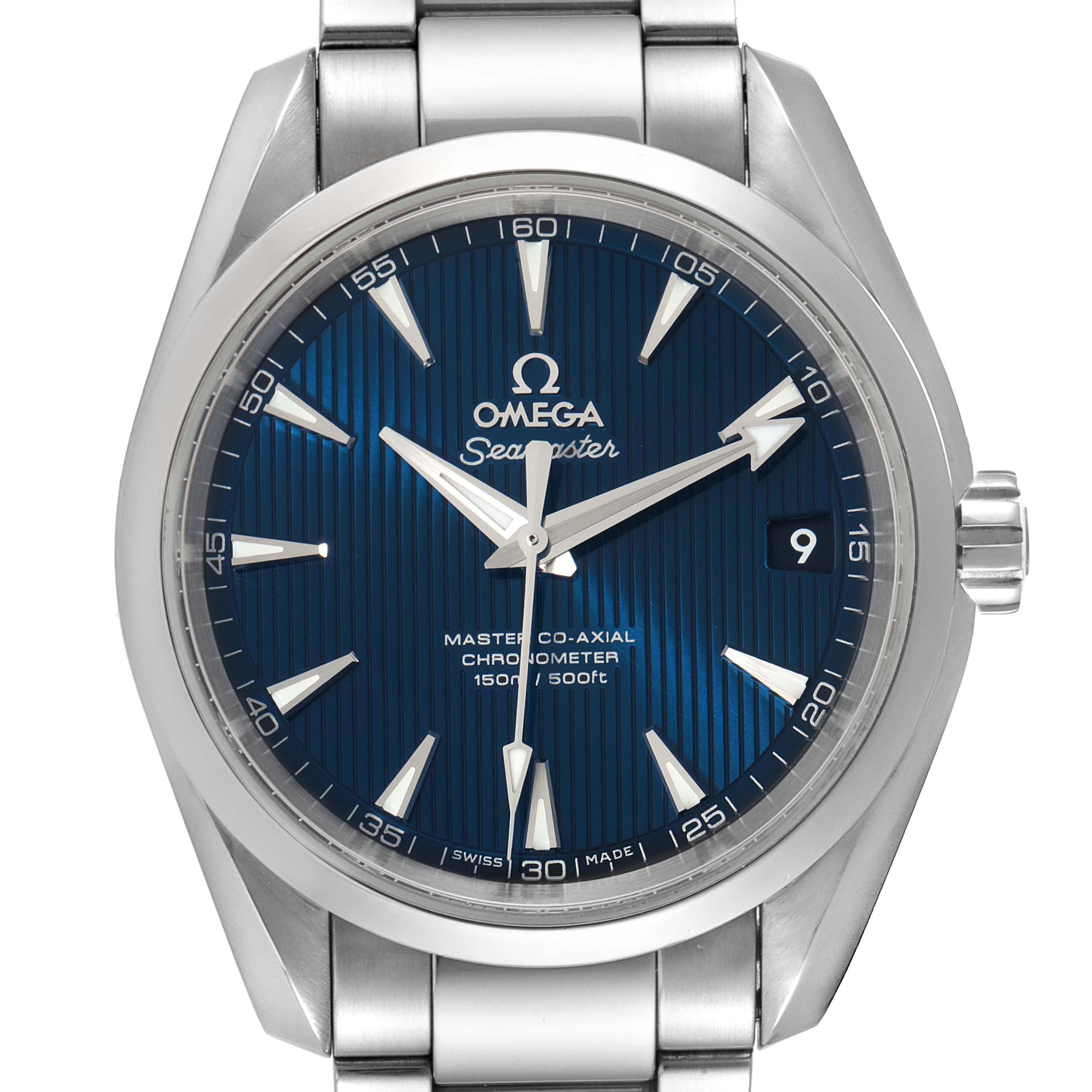 This image shows a front view of the Omega Aqua Terra 231.10.39.21.03.002 Men
s Stainless Steel Blue Dial 231.10.39.21.03.002 Men
s Stainless Steel Blue Dial watch, displaying the face, bezel, and part of the metal bracelet.