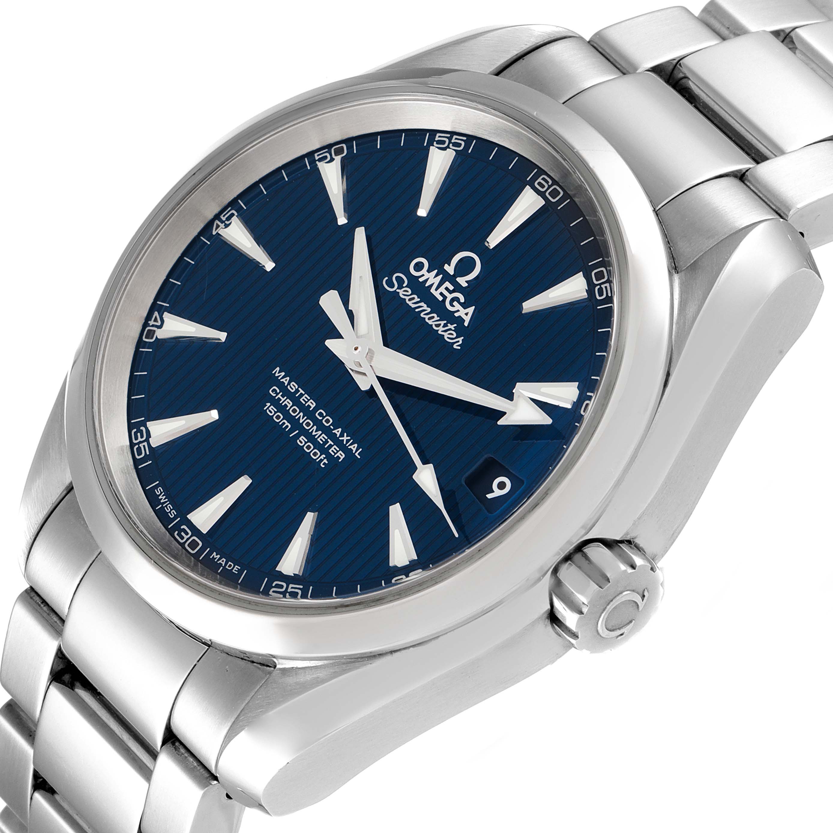 The Omega Aqua Terra 231.10.39.21.03.002 Men
s Stainless Steel Blue Dial 231.10.39.21.03.002 Men
s Stainless Steel Blue Dial watch is shown at an oblique angle, highlighting the dial, crown, and metal bracelet.