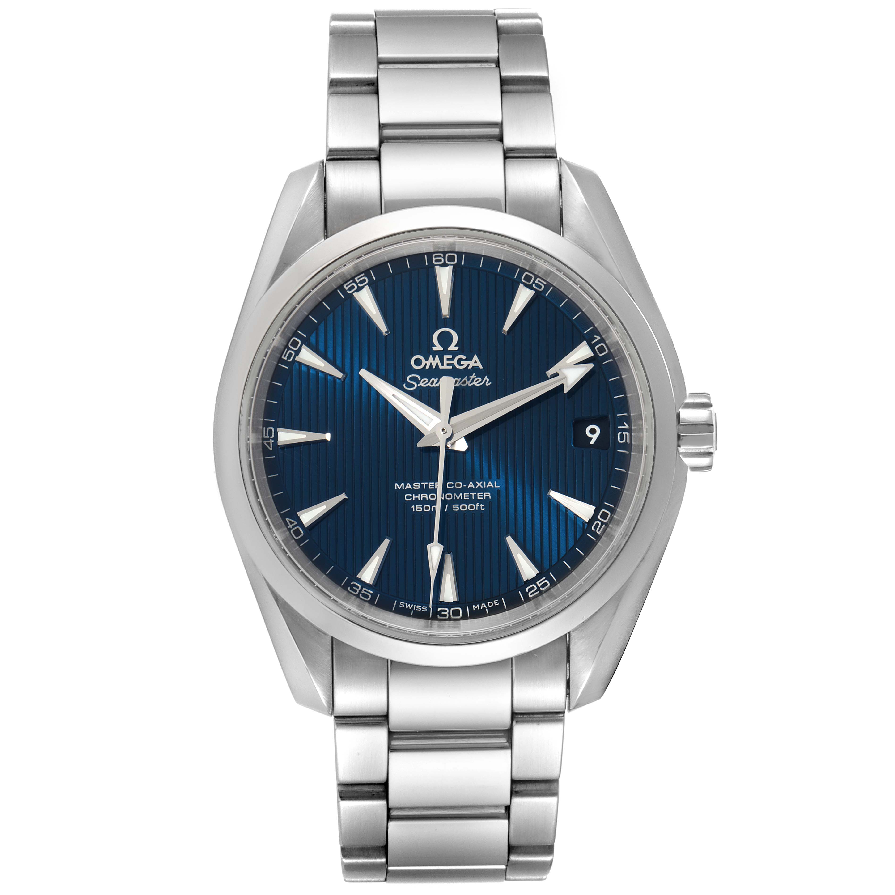 The image shows a front view of the Omega Aqua Terra 231.10.39.21.03.002 Men
s Stainless Steel Blue Dial 231.10.39.21.03.002 Men
s Stainless Steel Blue Dial watch, displaying its face, bracelet, and crown.
