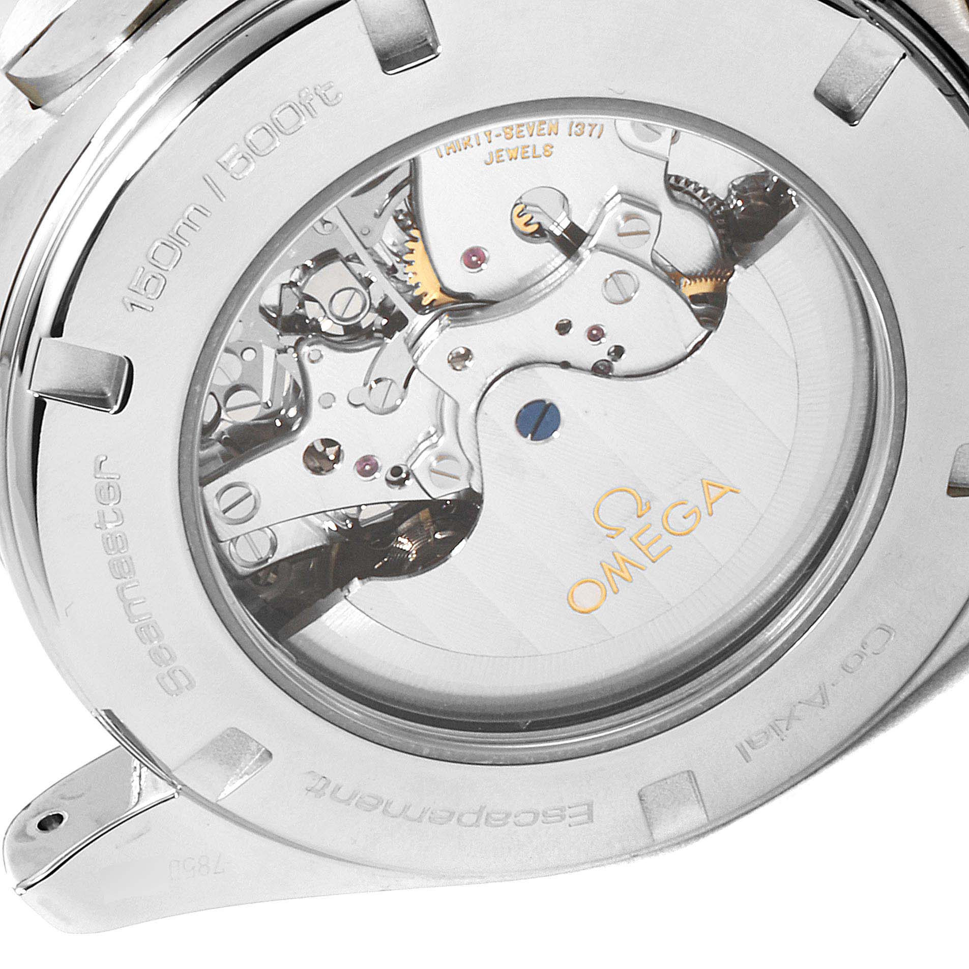 The image shows the back of the Omega Aqua Terra 231.10.44.50.09.001 Men
s Stainless Steel White Dial 231.10.44.50.09.001 Men
s Stainless Steel White Dial watch, highlighting its inner mechanical parts and inscriptions.