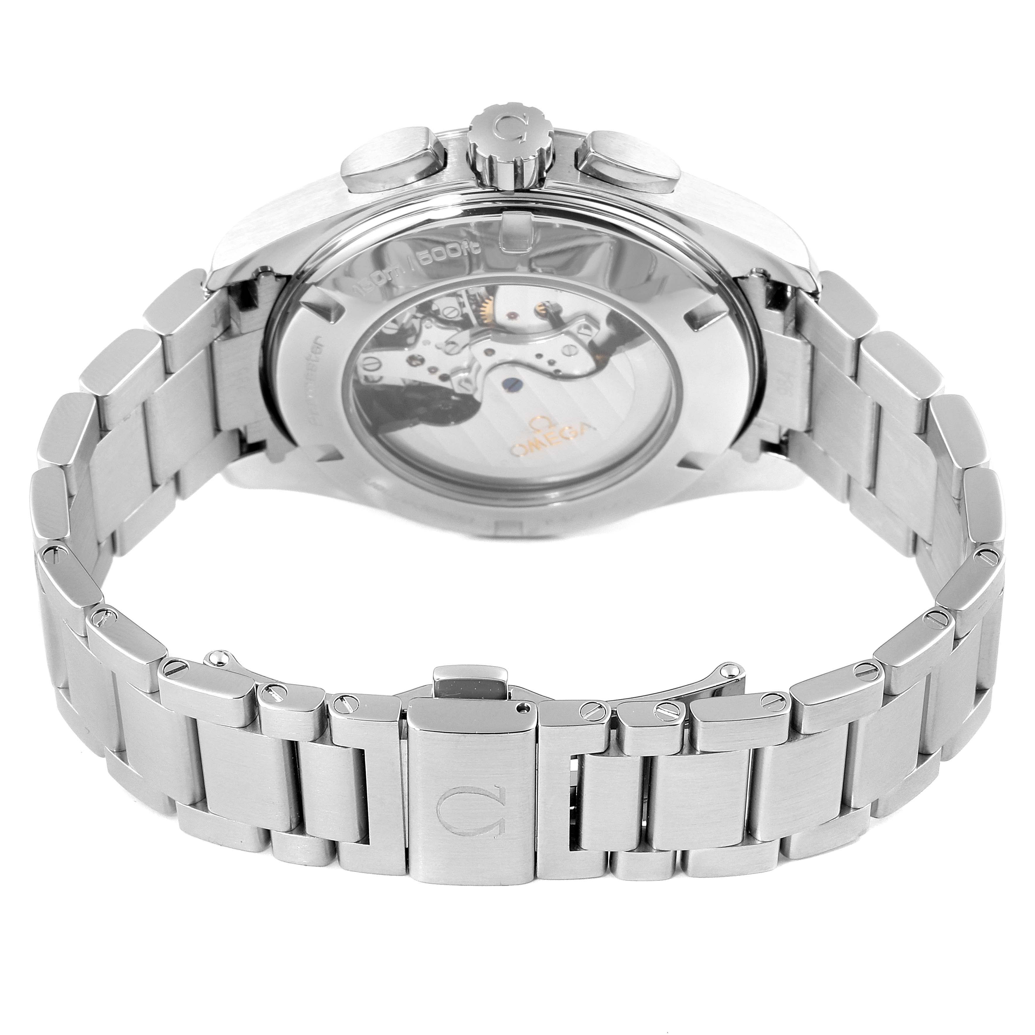 This is a rear view of the Omega Aqua Terra 231.10.44.50.09.001 Men
s Stainless Steel White Dial 231.10.44.50.09.001 Men
s Stainless Steel White Dial watch showing its stainless steel bracelet and transparent case back.