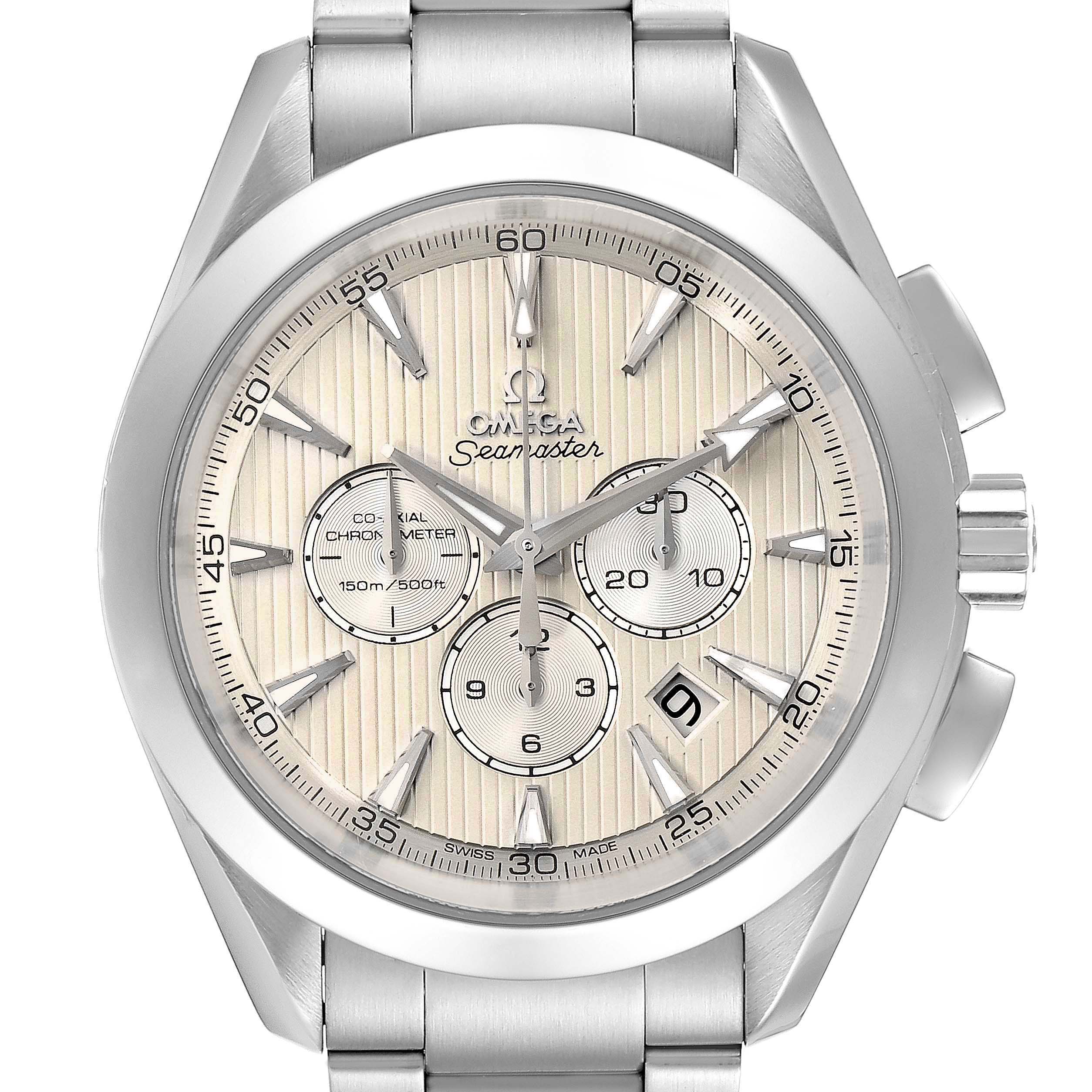 The image shows a frontal view of an Omega Aqua Terra 231.10.44.50.09.001 Men
s Stainless Steel White Dial 231.10.44.50.09.001 Men
s Stainless Steel White Dial Seamaster watch, displaying its dial, hour markers, date window, and chronograph subdials.
