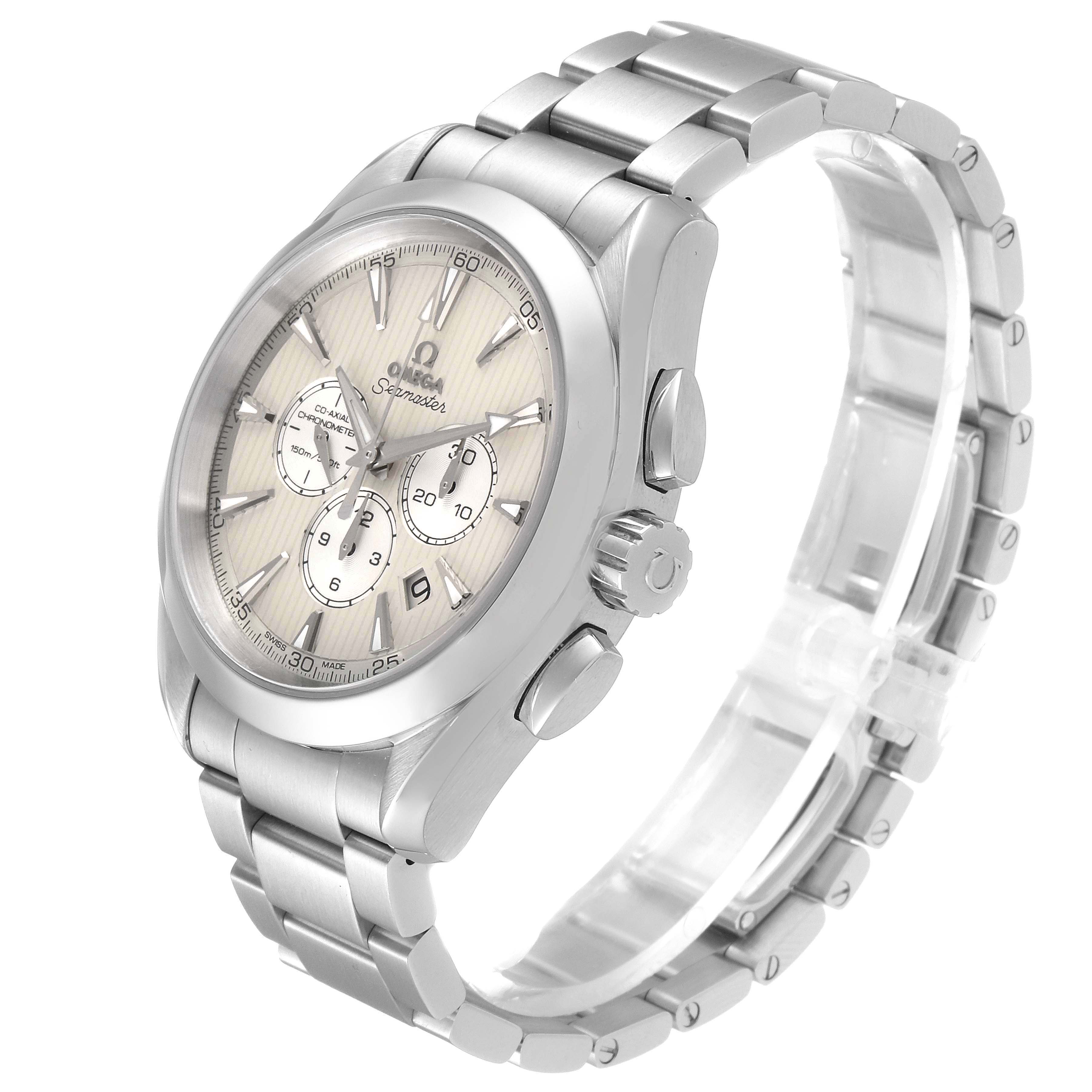 The image shows an Omega Aqua Terra 231.10.44.50.09.001 Men
s Stainless Steel White Dial 231.10.44.50.09.001 Men
s Stainless Steel White Dial watch at a slightly angled side view, displaying the dial, bezel, crown, and stainless steel bracelet.