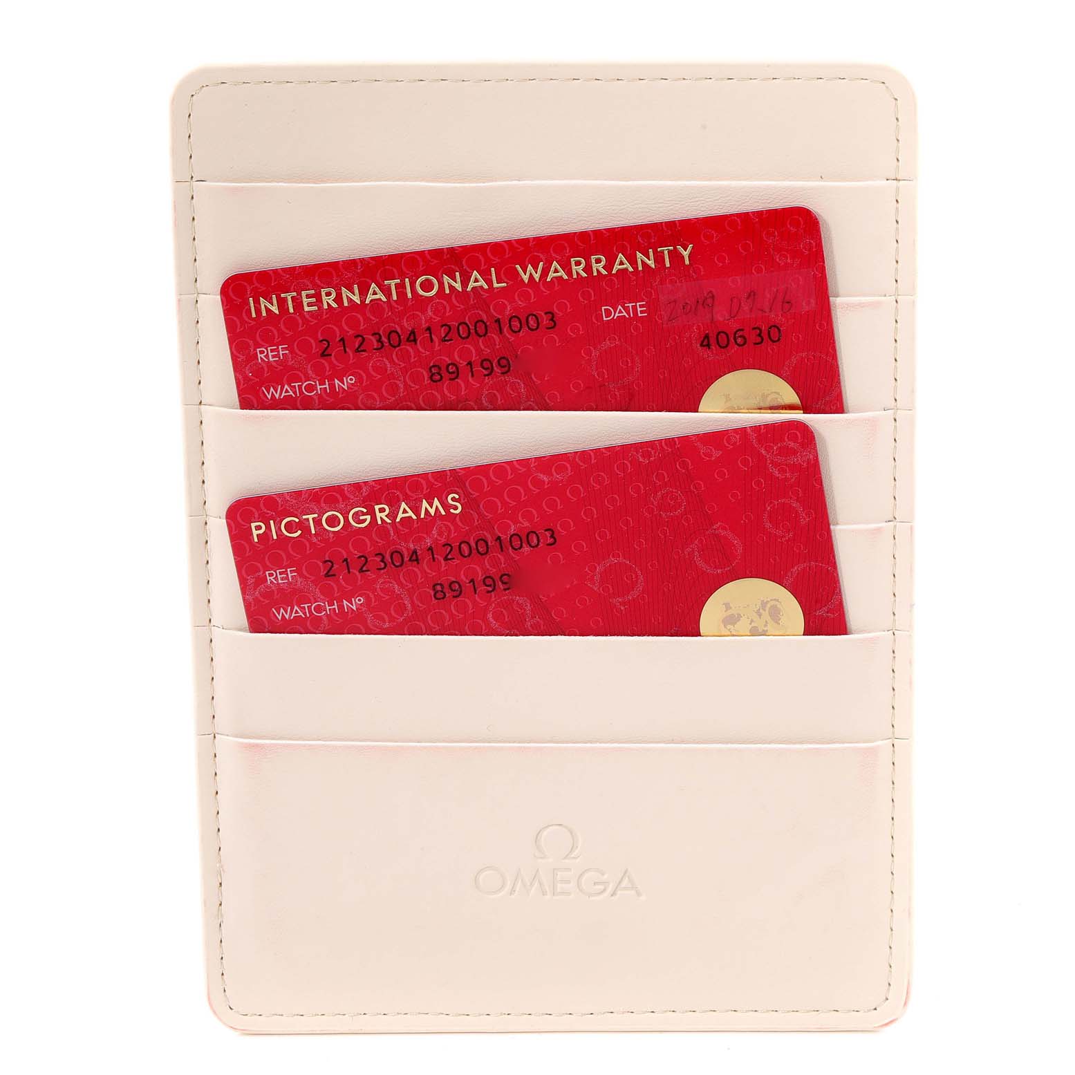 The image shows an Omega cardholder with international warranty and pictogram cards for the Omega Seamaster 212.30.41.20.01.003 Men's Stainless Steel Black Dial 212.30.41.20.01.003 Men's Stainless Steel Black Dial model.