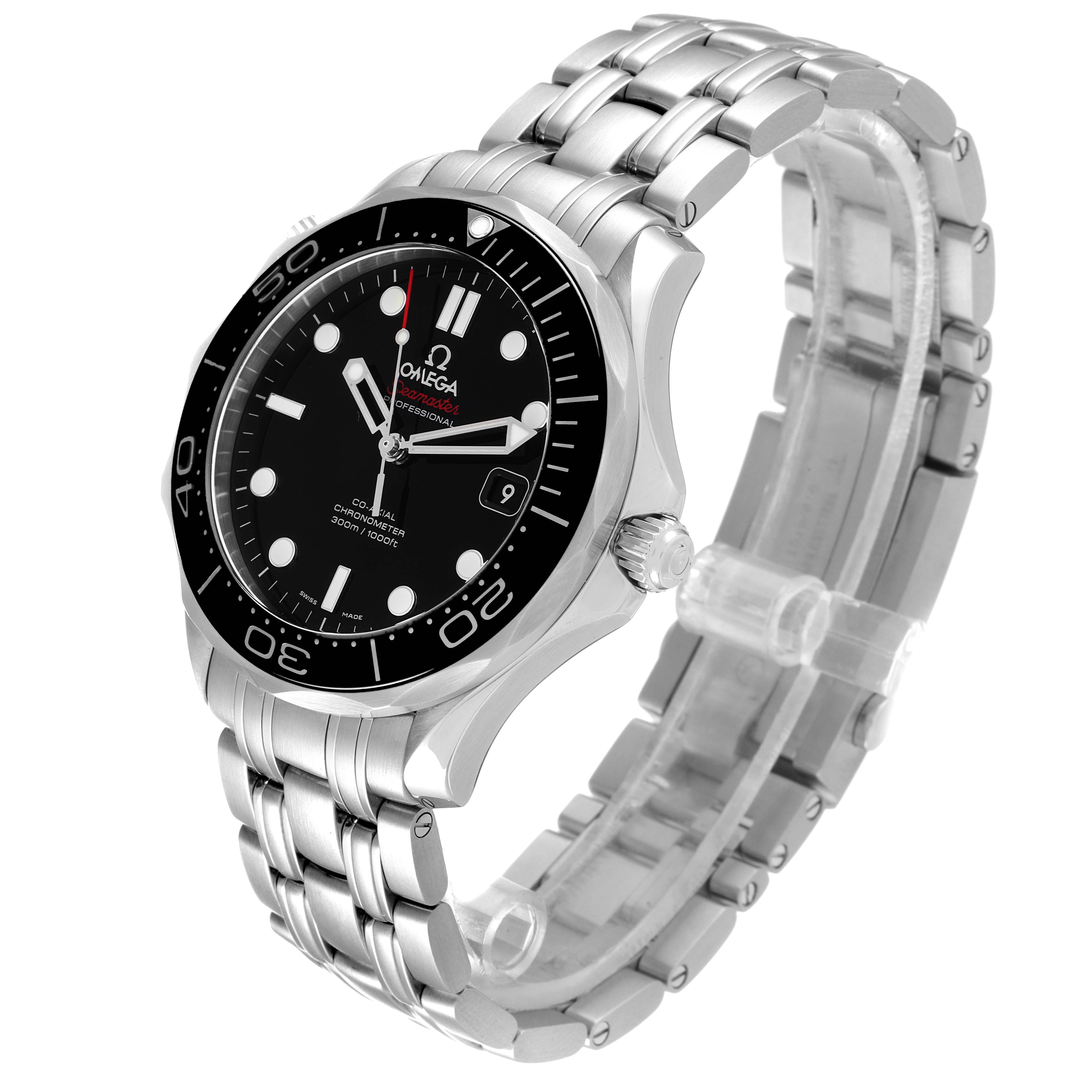 The image shows a right-side angled view of the Omega Seamaster 212.30.41.20.01.003 Men's Stainless Steel Black Dial 212.30.41.20.01.003 Men's Stainless Steel Black Dial watch, highlighting the dial, bezel, crown, and stainless steel bracelet.