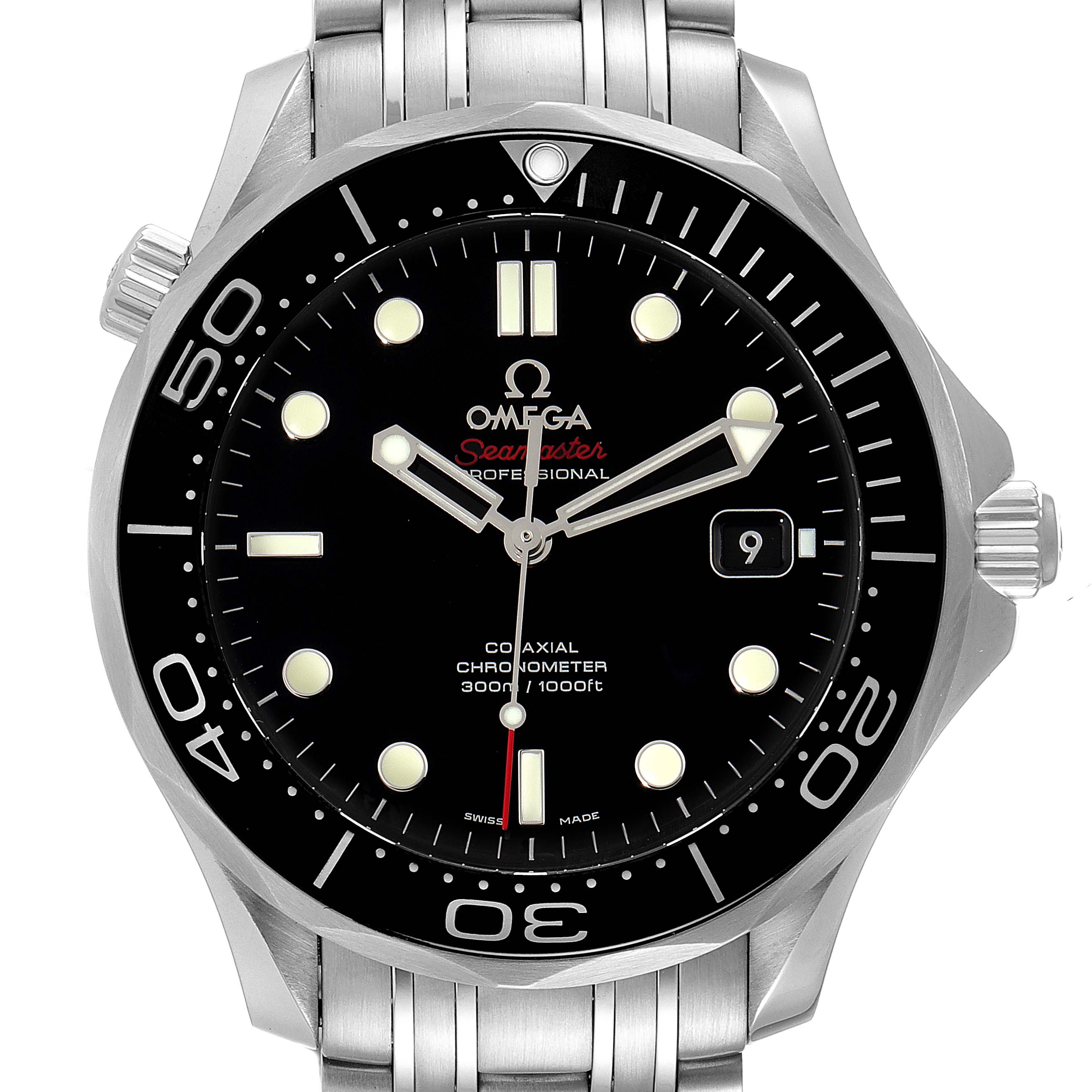The image shows a front view of an Omega Seamaster 212.30.41.20.01.003 Men's Stainless Steel Black Dial 212.30.41.20.01.003 Men's Stainless Steel Black Dial watch, displaying the dial, bezel, and part of the bracelet.