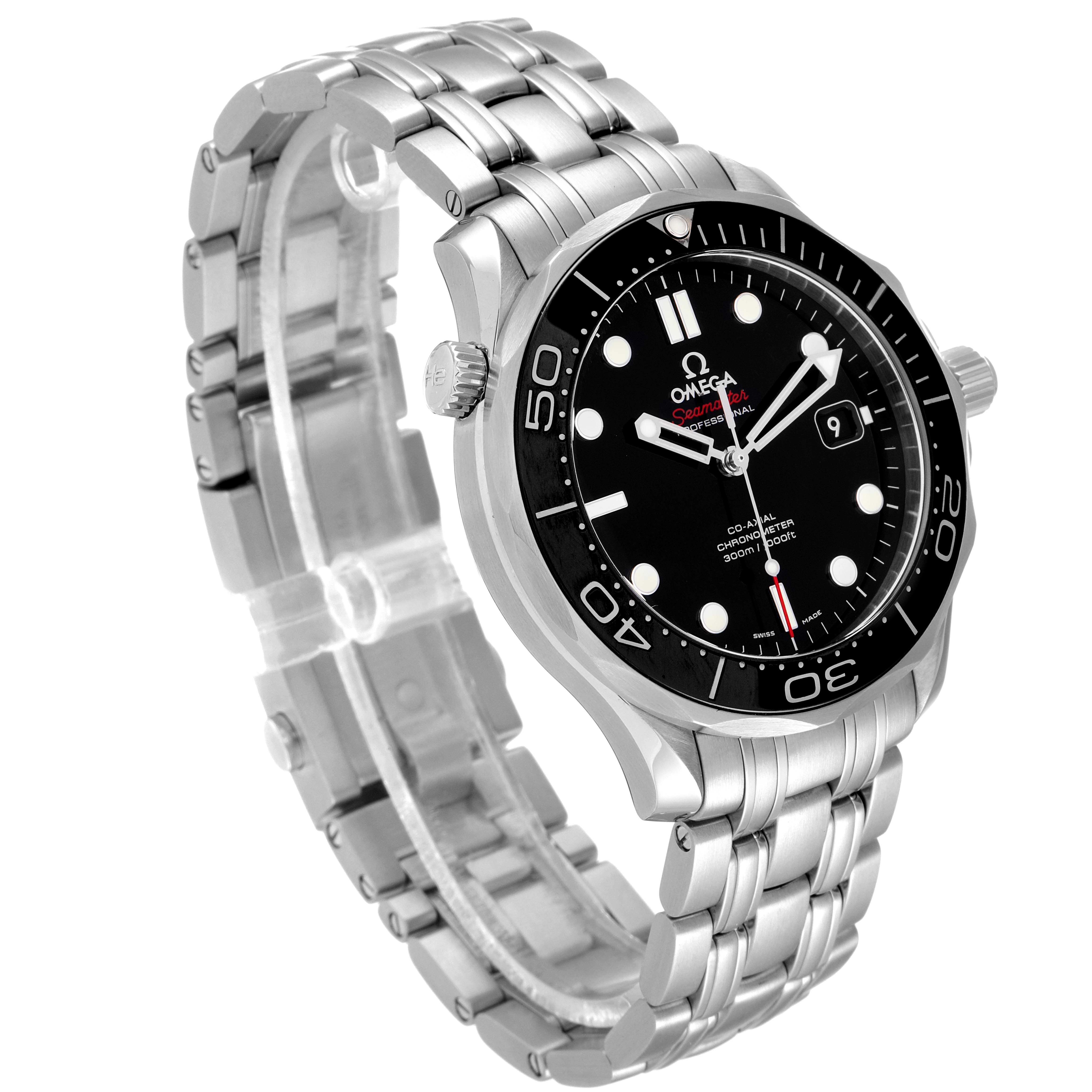 The image shows a side angle view of the Omega Seamaster 212.30.41.20.01.003 Men's Stainless Steel Black Dial 212.30.41.20.01.003 Men's Stainless Steel Black Dial watch displaying its face, bezel, crown, and stainless steel bracelet.