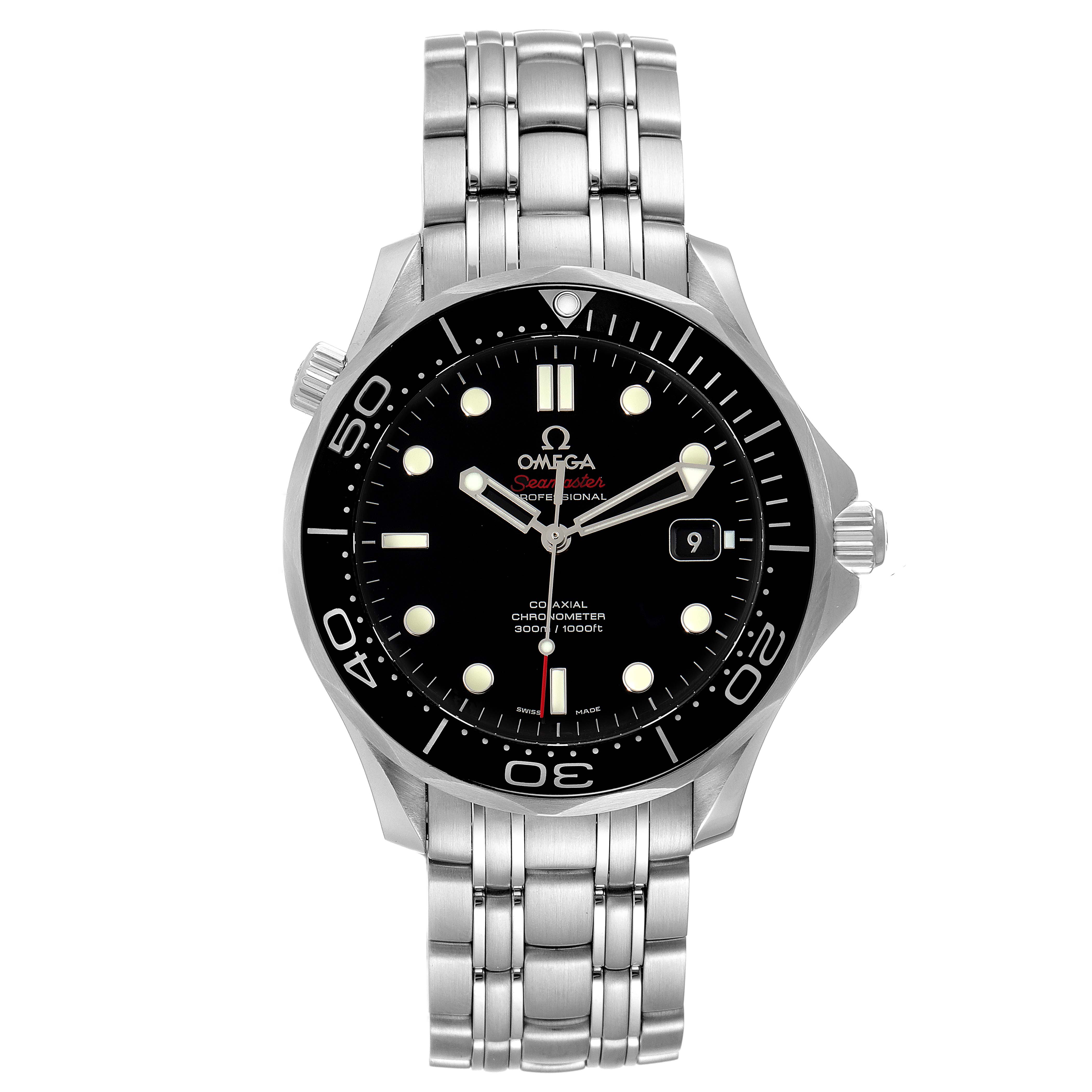 The image shows a front view of the Omega Seamaster 212.30.41.20.01.003 Men's Stainless Steel Black Dial 212.30.41.20.01.003 Men's Stainless Steel Black Dial watch, showcasing its black dial, bezel, and stainless steel bracelet.