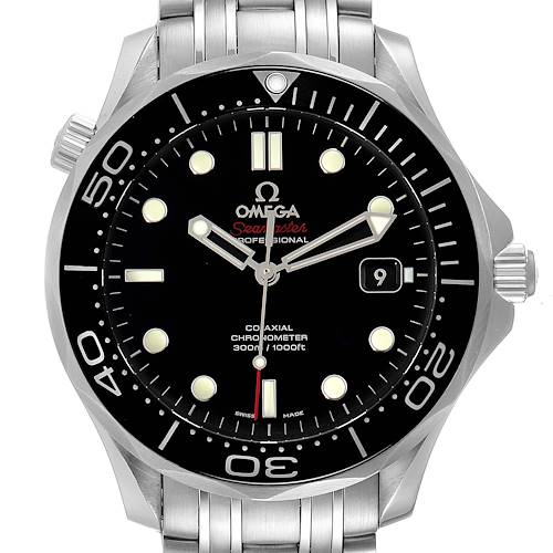 The image shows a frontal view of the Omega Seamaster watch, highlighting its dial, hands, bezel, and stainless steel bracelet.