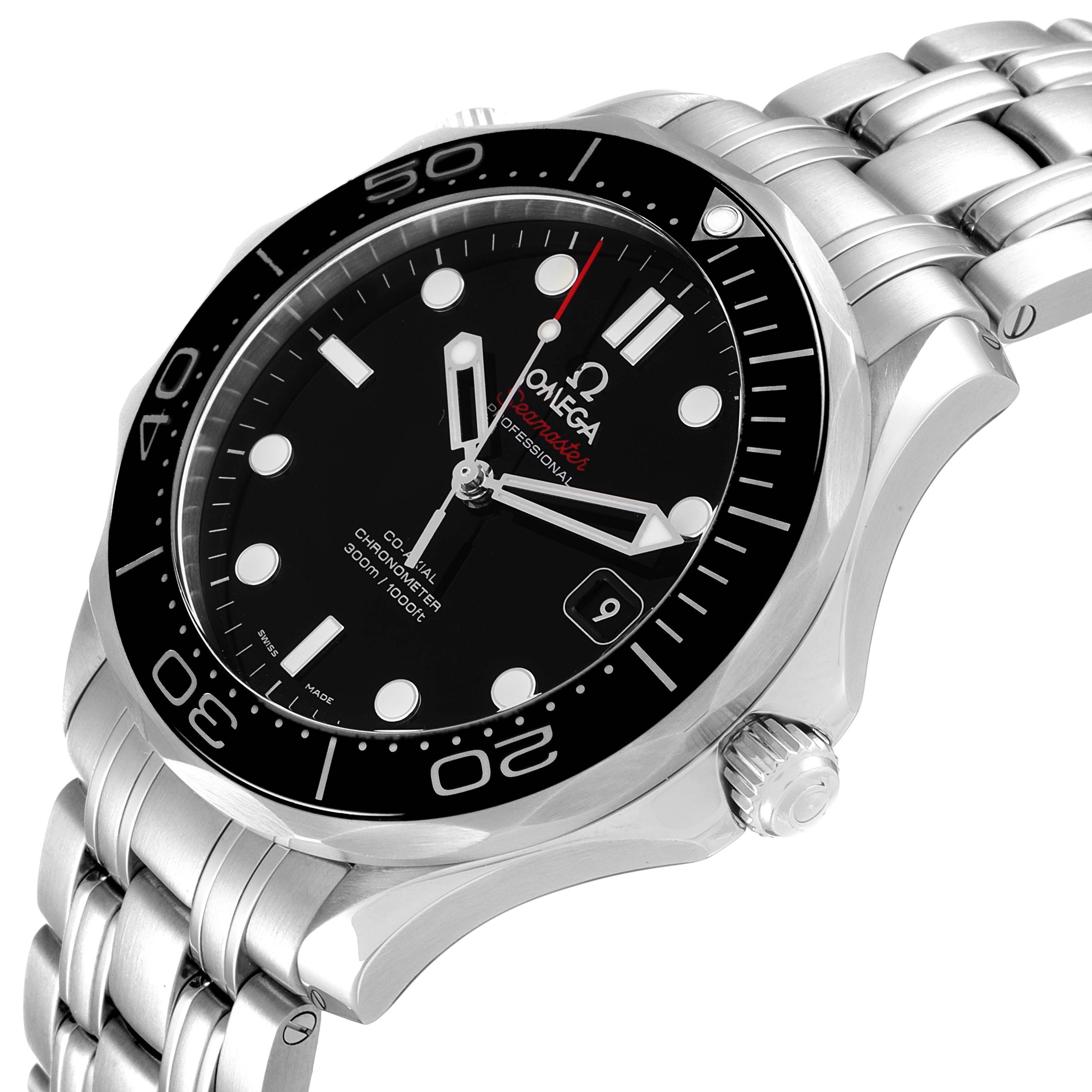 The image shows an Omega Seamaster 212.30.41.20.01.003 Men's Stainless Steel Black Dial 212.30.41.20.01.003 Men's Stainless Steel Black Dial watch at an angled view, highlighting its dial, bezel, crown, and bracelet.