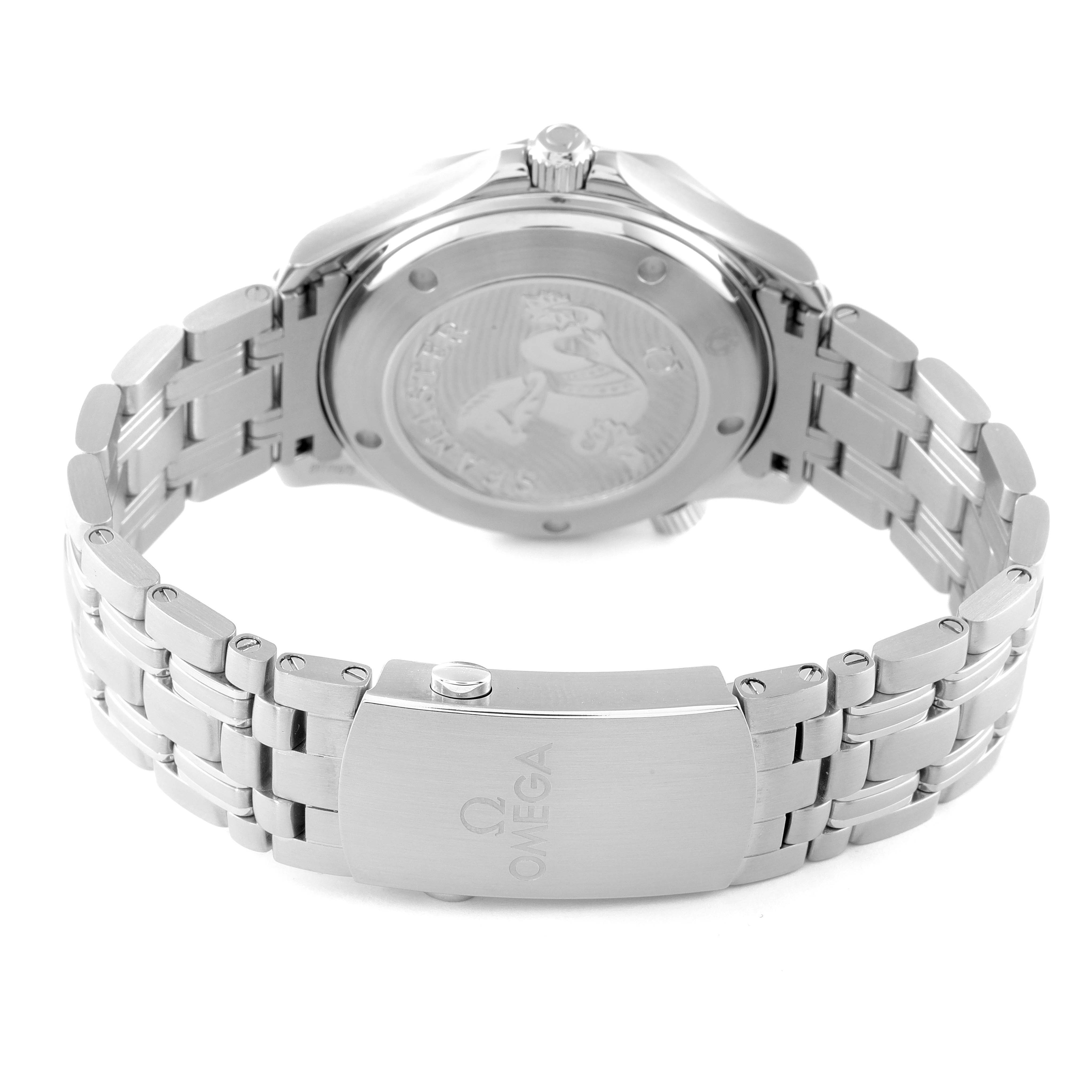 The image shows the back view of an Omega Seamaster 212.30.41.20.01.003 Men's Stainless Steel Black Dial 212.30.41.20.01.003 Men's Stainless Steel Black Dial watch, highlighting its clasp, bracelet, and case back.