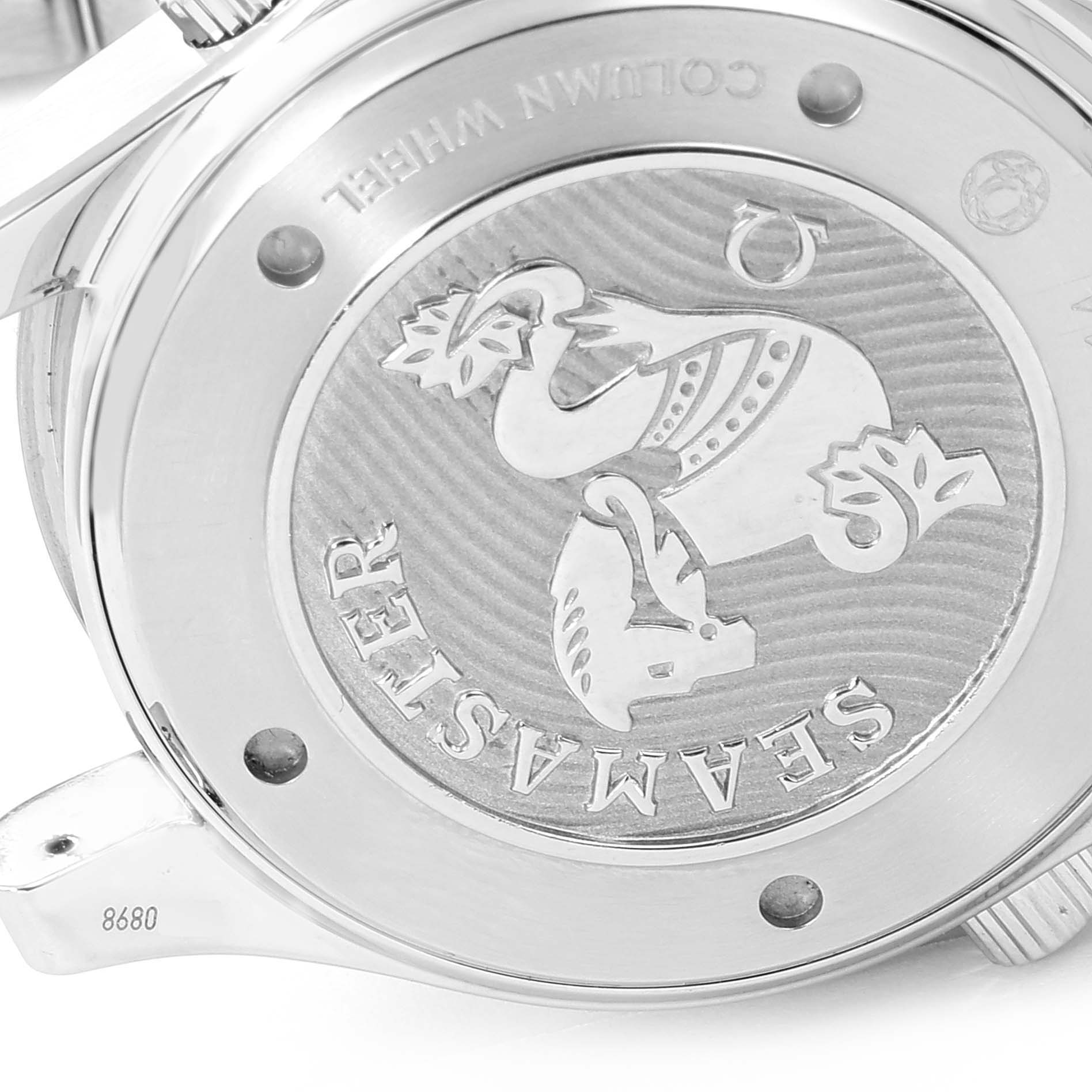 The image shows the back case of an Omega Seamaster 212.30.44.50.03.001 Men's Stainless Steel Blue Dial 212.30.44.50.03.001 Men's Stainless Steel Blue Dial watch, highlighting the engraved logo and text.