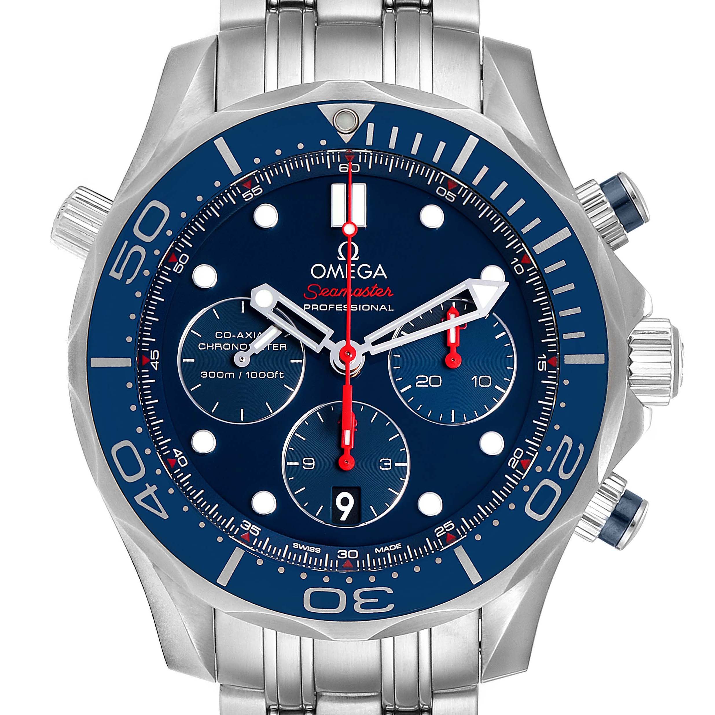 The image shows the front view of an Omega Seamaster 212.30.44.50.03.001 Men's Stainless Steel Blue Dial 212.30.44.50.03.001 Men's Stainless Steel Blue Dial watch, displaying the dial, bezel, and chronograph subdials.